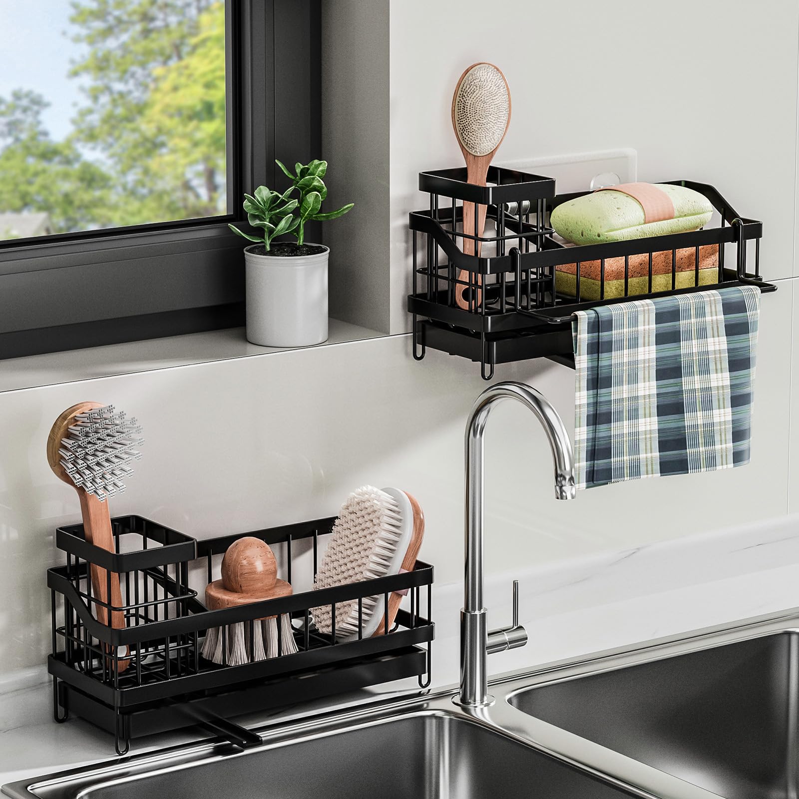 UMILKI Spülbecken Organizer Küche Schwammhalter,Spülbecken Organizer Hängend mit Spültuchhalter und Klebstoff,Küchen Spüle Organizer für Küche und Badezimmer- Ohne Bohren(Schwarz)