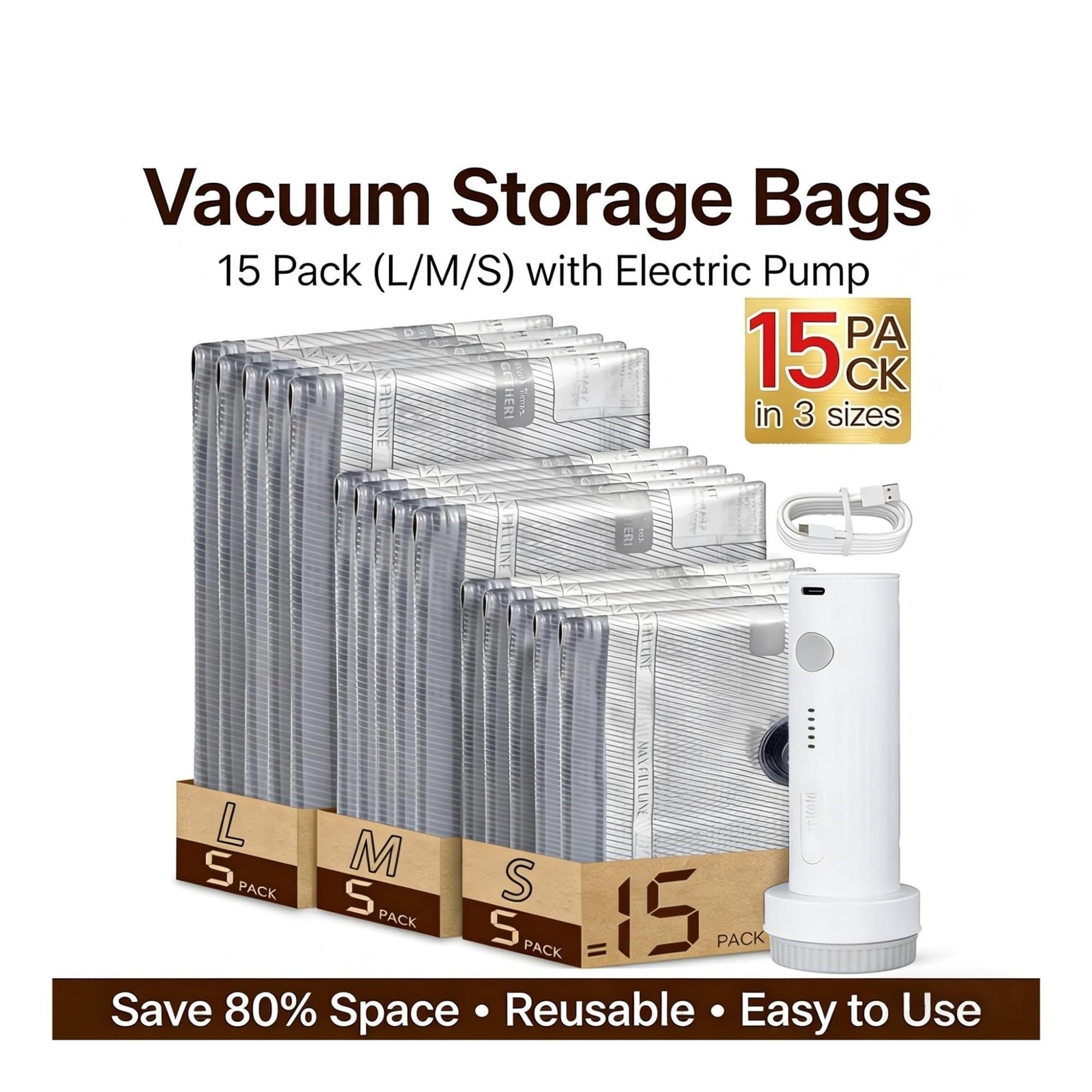 Vacuum Bags for Travel with Rechargeable air Pump, Carry-on Size Compression Packing for Luggage and Suitcase, Space Saver Für Reise