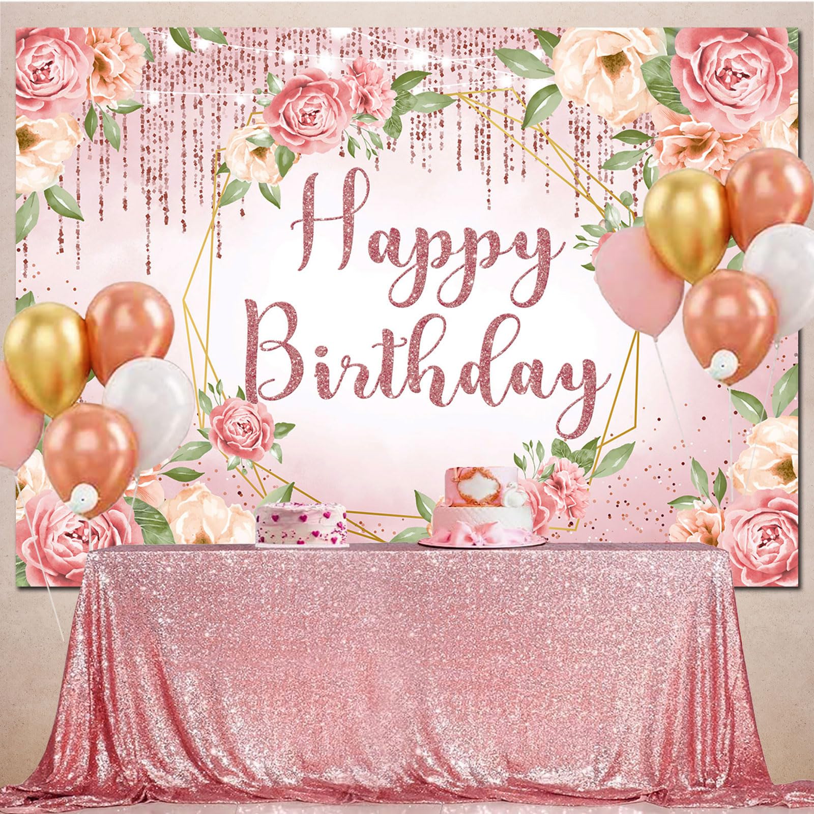 Toile De Fond Photographique Happy Birthday Fleurs Bordeaux Or Rose Paillettes – 7x5FT – Décoration Anniversaire Femme Élégante