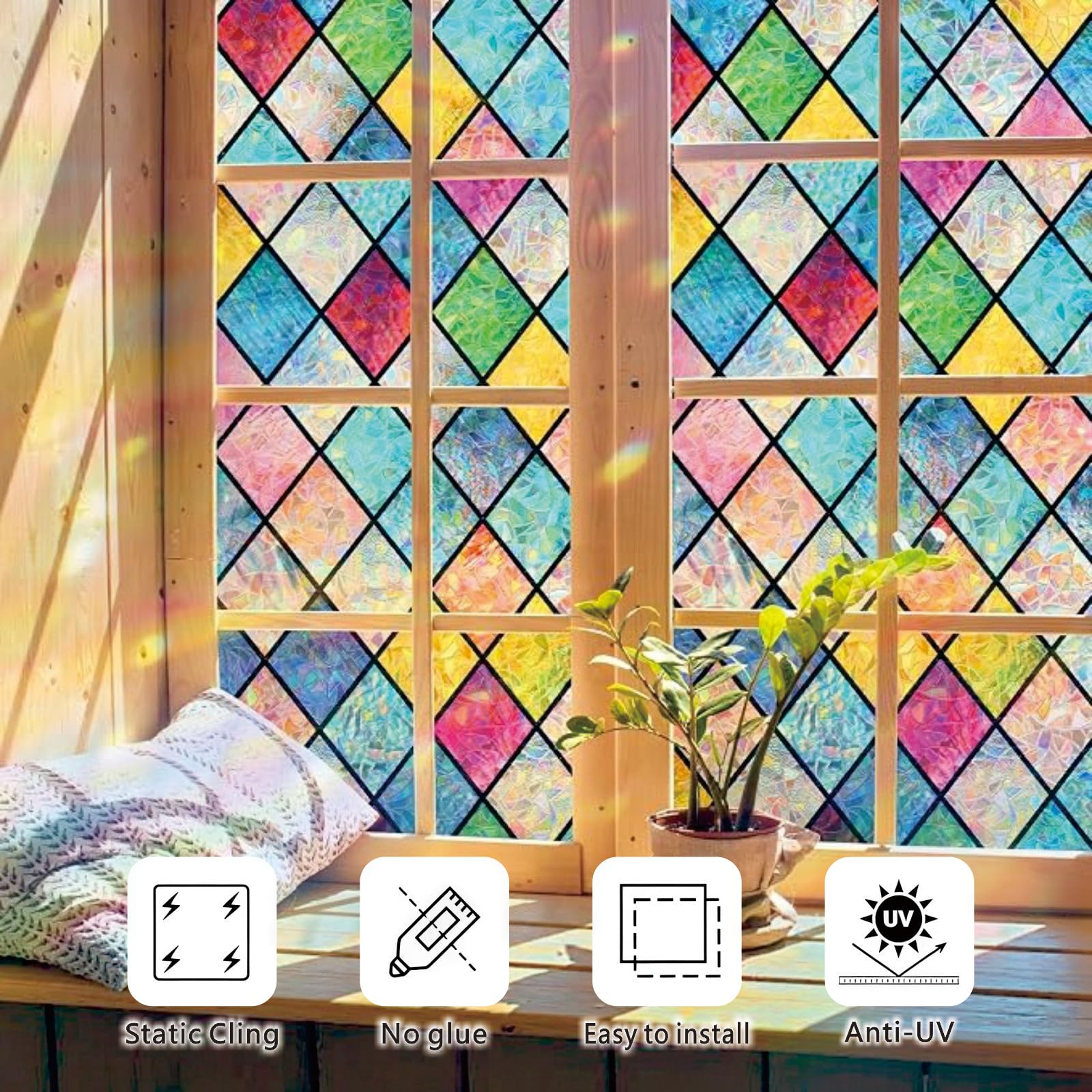 Ellicola Privacy Finestre 3D Arcobaleno 120 x 170 cm Senza Colla Static, Protezione Uv, Protezione Della Privacy, Finestre Decorativa Elettrostatica per Letto, griglia cristallo