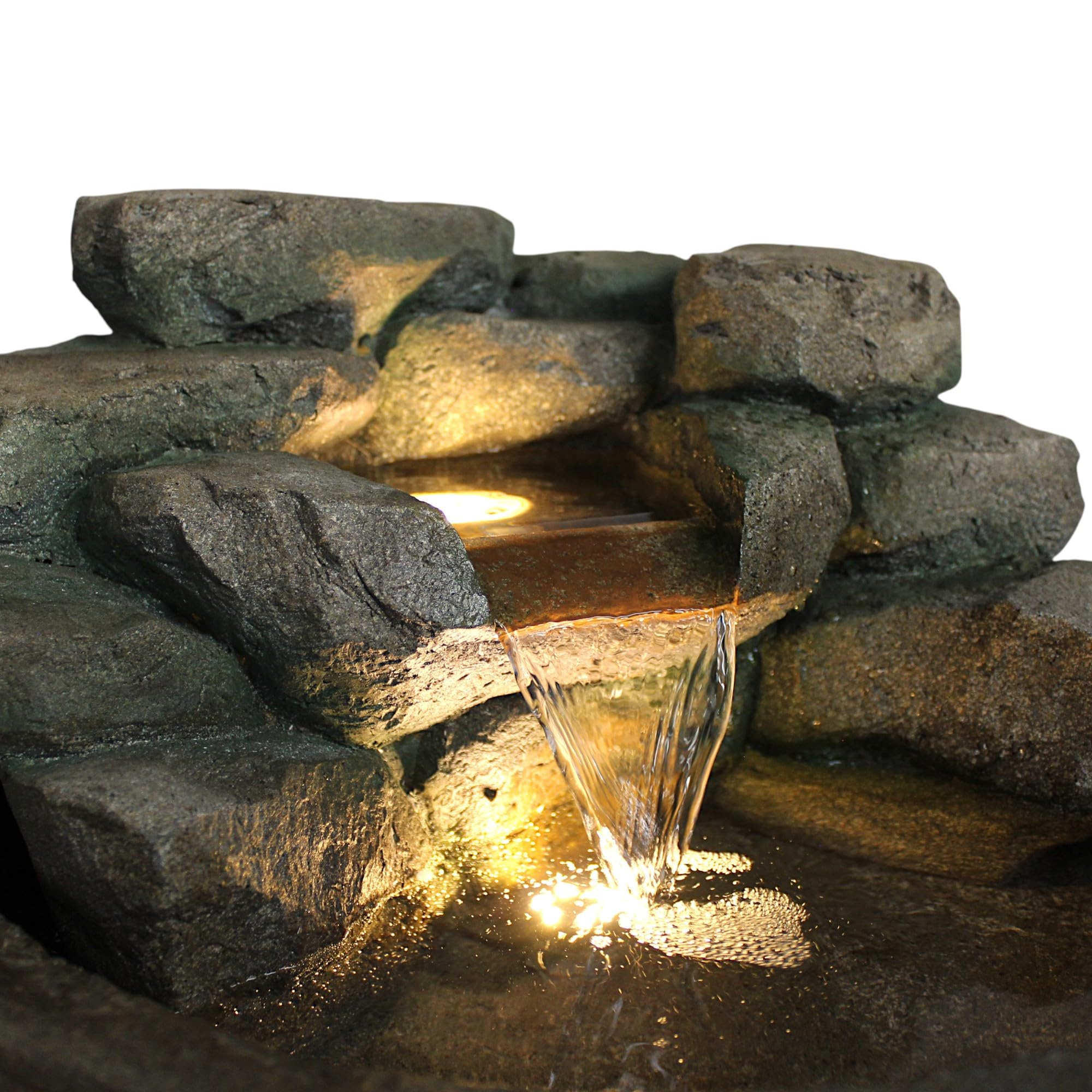 Gartenbrunnen BK911 Ø50 cm – Runder Springbrunnen in Steinoptik mit Wasserfall, warmweiße LED Beleuchtung Deko Teich