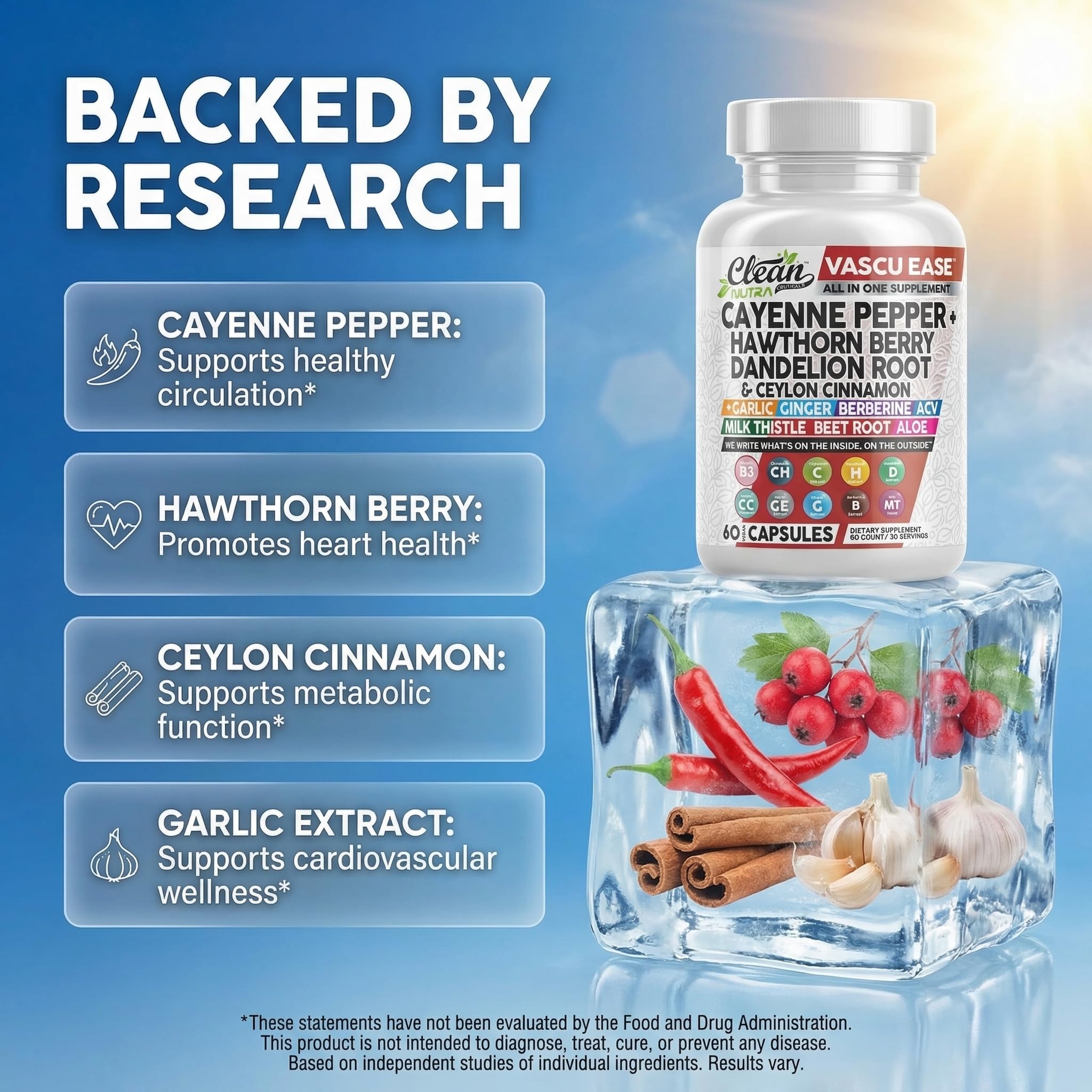 Clean Nutra Cayenne Pepper Capsules Supplement with Hawthorn Berry, Dandelion Root, Ceylon Cinnamon, Garlic, Ginger, Berberine, Apple Cider Vinegar, Milk Thistle, Beet Root, Aloe Vera Pills & More — Amazon image 4