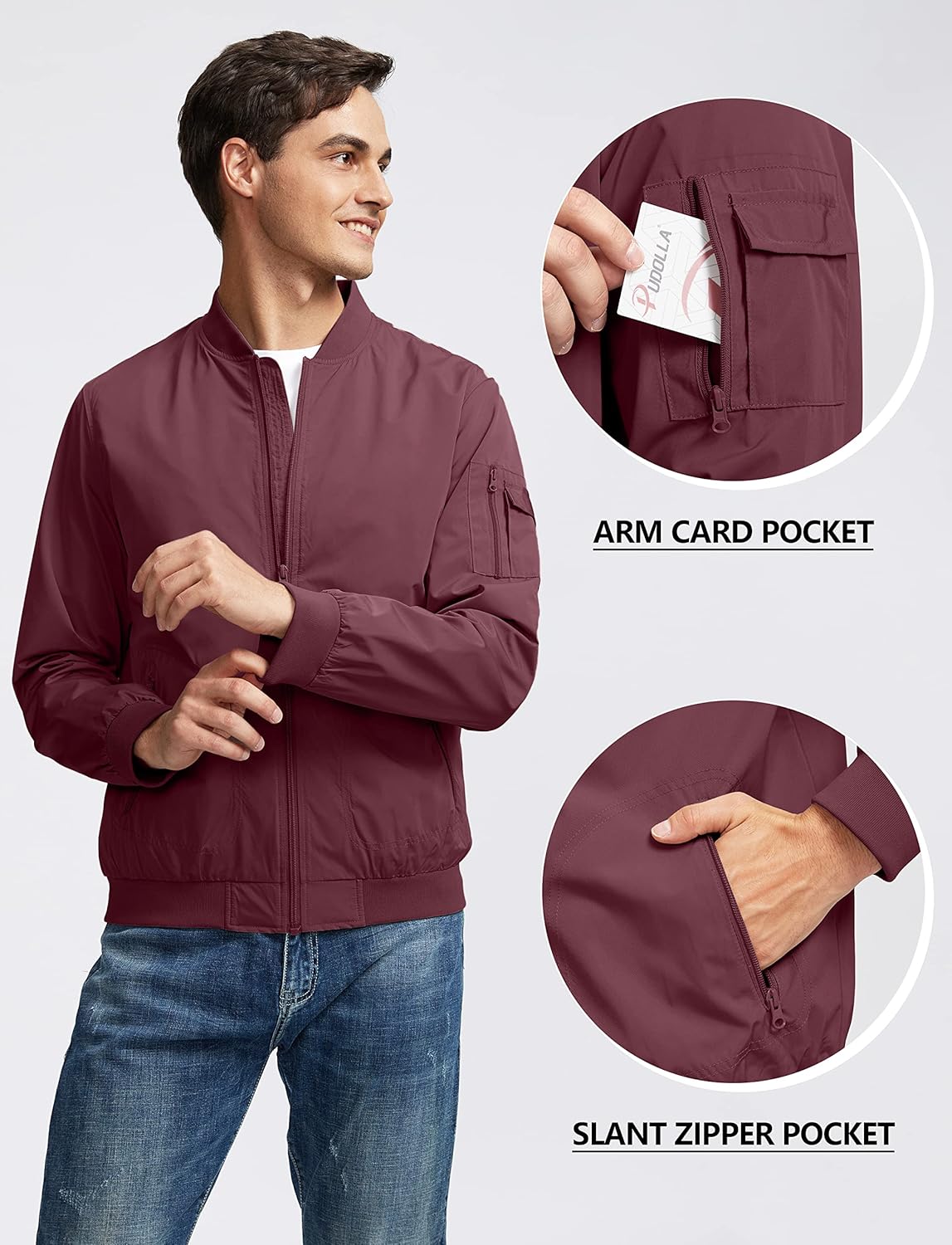 Miniatura 3 de Pudolla Chaquetas bomber para hombre con 5 bolsillos, chaquetas cortavientos ligeras para hombre, chaqueta casual para golf