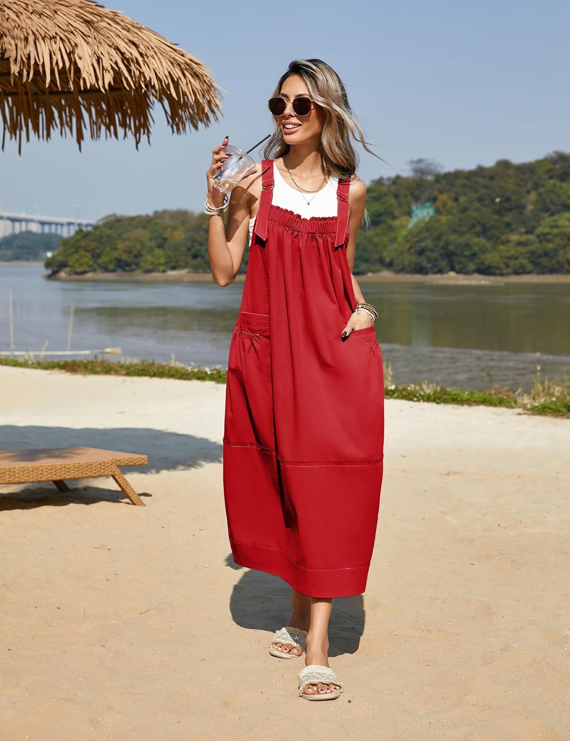 Yeokou Womens Overall Dress Cotton Barrel Midi Travel Dress Loose Fit Adjustable Straps Big Pockets Jumpsuits - Image 7