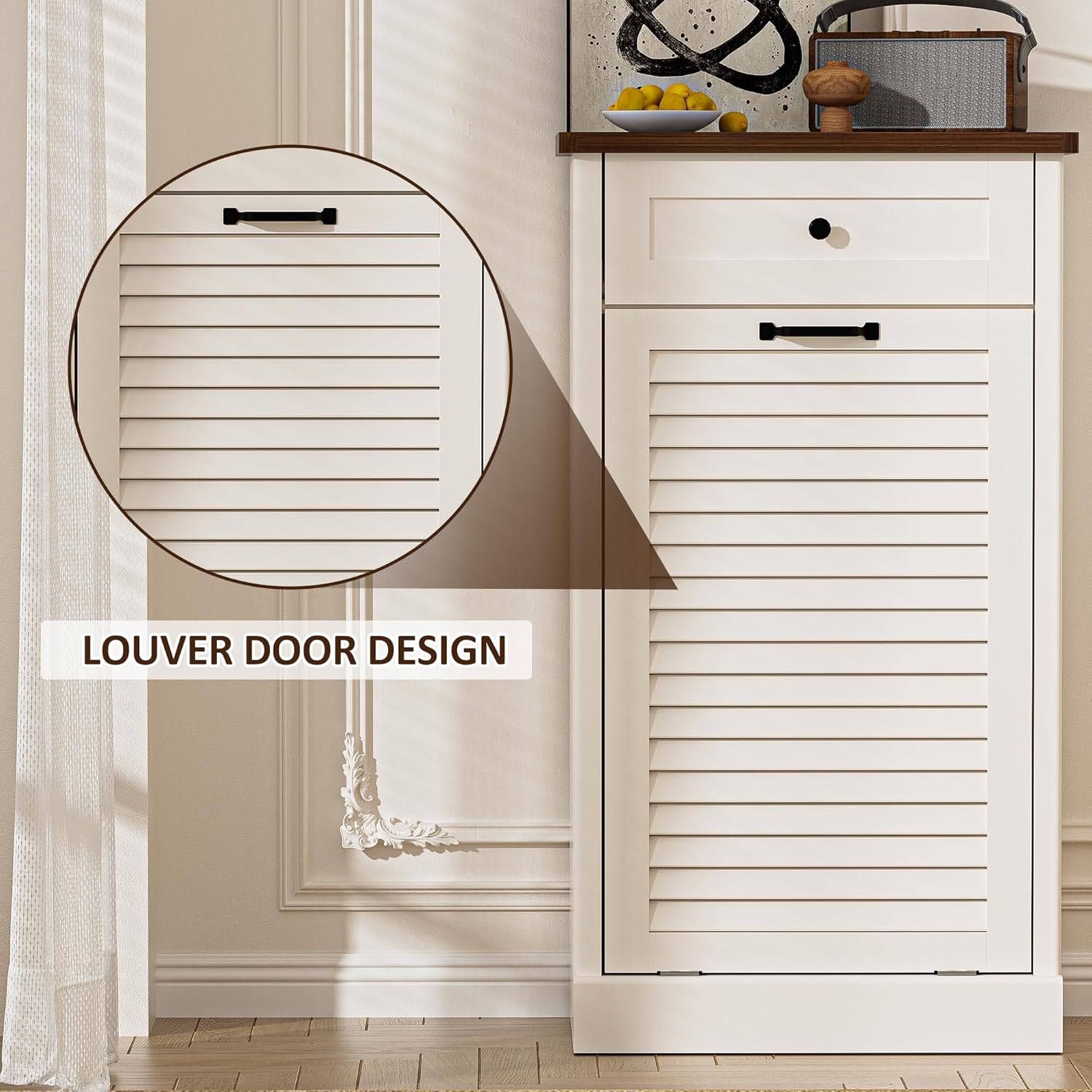 Spurgehom 13 Gallon Tilt Out Trash Can Cabinet with Louvered Door, Freestanding Trash Cabinet Garbage Can Cabinets with Hideaway Drawers for Kitchen Living Room, White