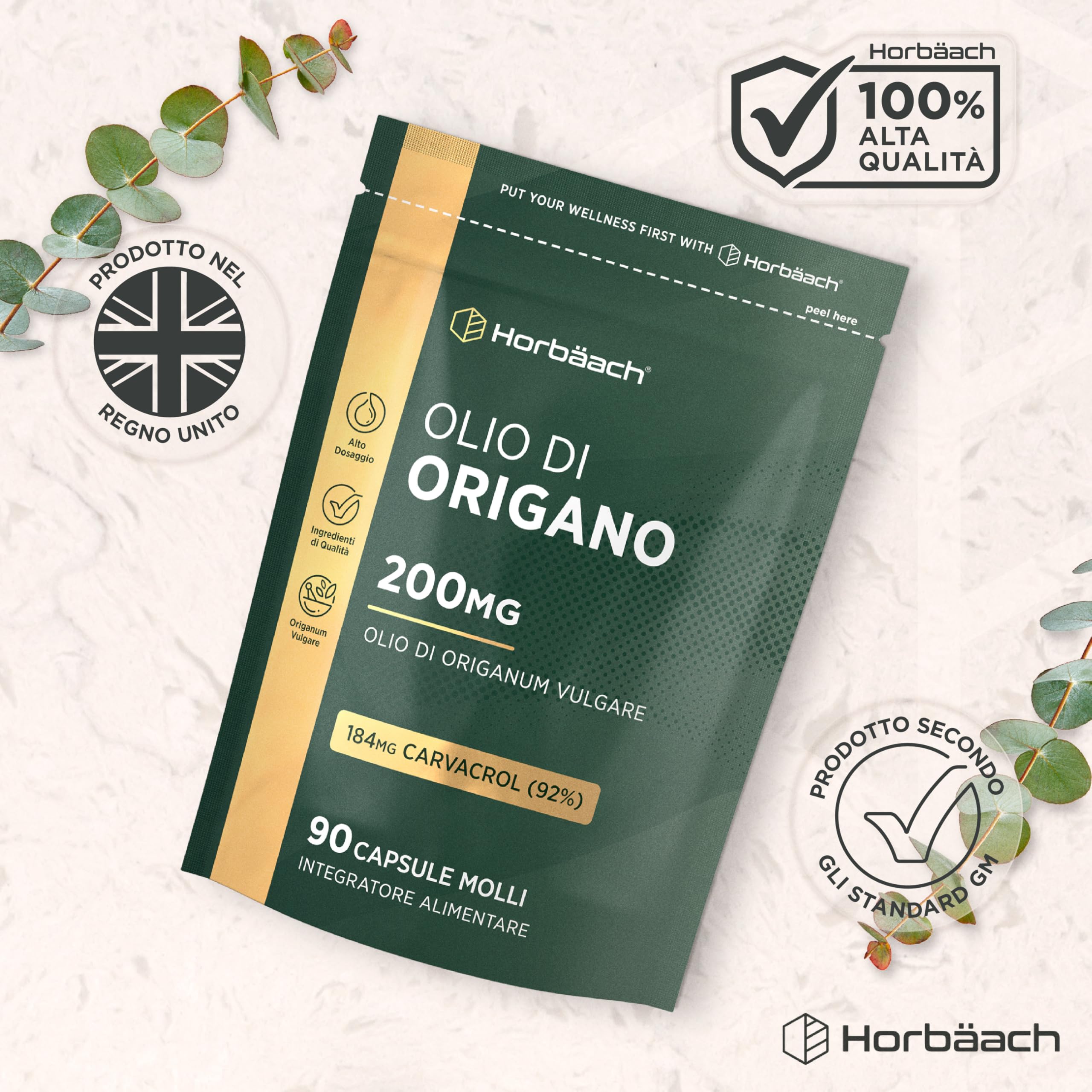 Olio di Origano Capsule 200mg | 90 Capsules | 184mg Carvacrolo | Alto Dosaggio | Integratore di olio di origano | Horbaach