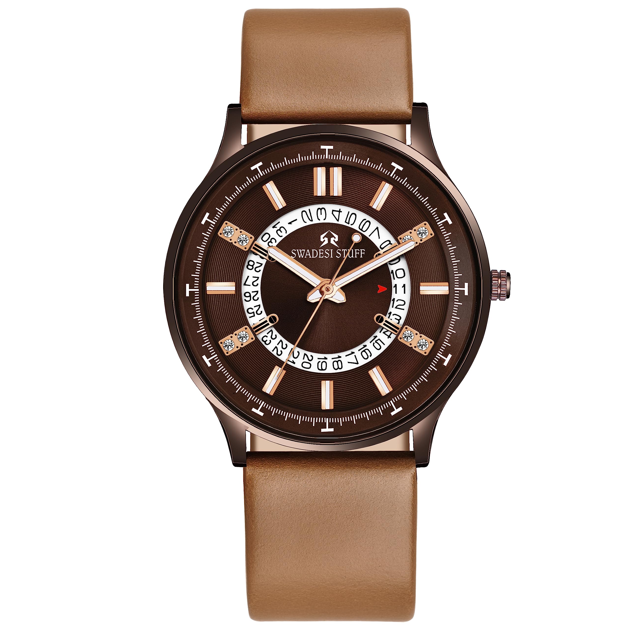 SWADESI STUFF Trailblazer Dark Brown Date Dial Premium & Luxurious Genuine Leather Strap Analog Watch for Men (B0C7MKV9YH) Amazon Price History, Amazon Price Tracker