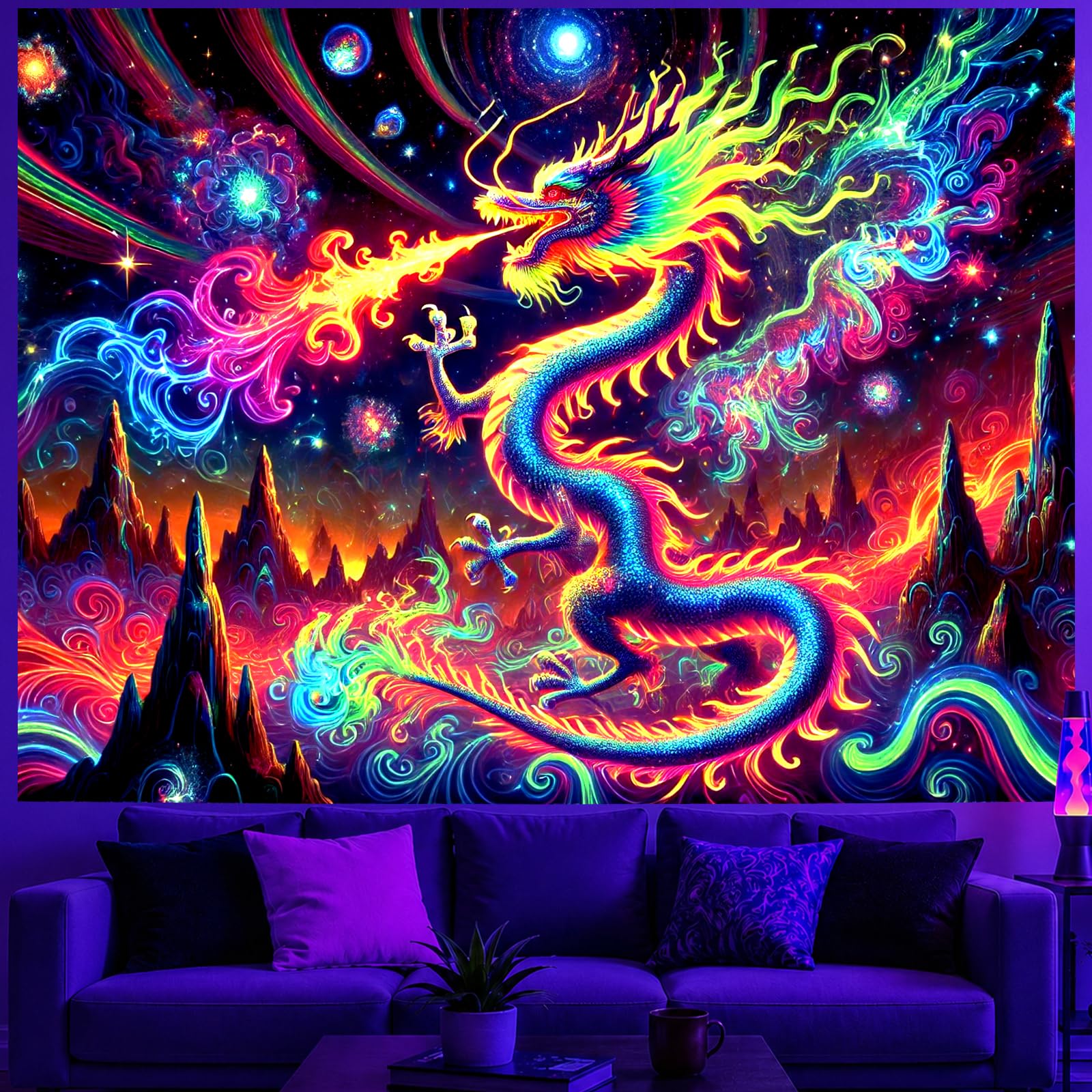 BlissYard Dragon Tapestry Blacklight Tapestry 78x59 Inch UV Wall Hanging