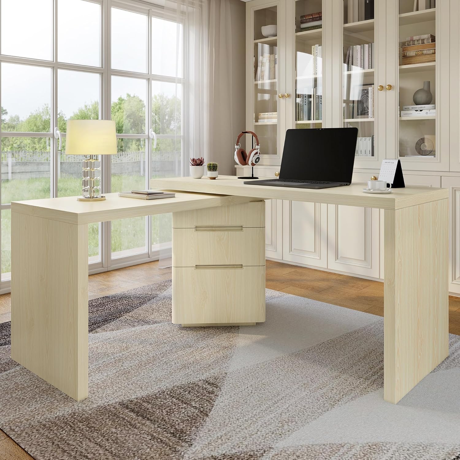 Merax 360° Rotating L-Shaped Desk with 3 Drawers | 90" Modern Corner Computer Desk for Home Office, Living Room, Executive Writing Study Work, Natural Wood