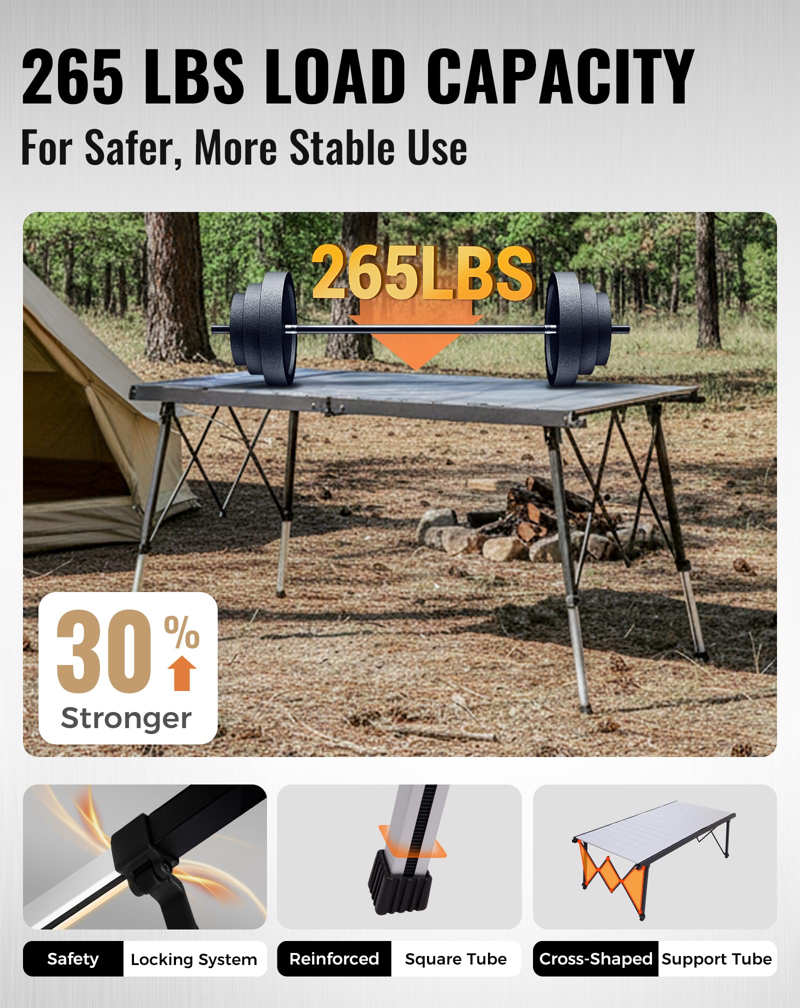 KingCamp Table de Camping Pliable Extra Large Réglable en Hauteur, 140x70cm 48-70cm avec Poches de Rangement, Légère & Stable pour Jardin, Balcon & Extérieur