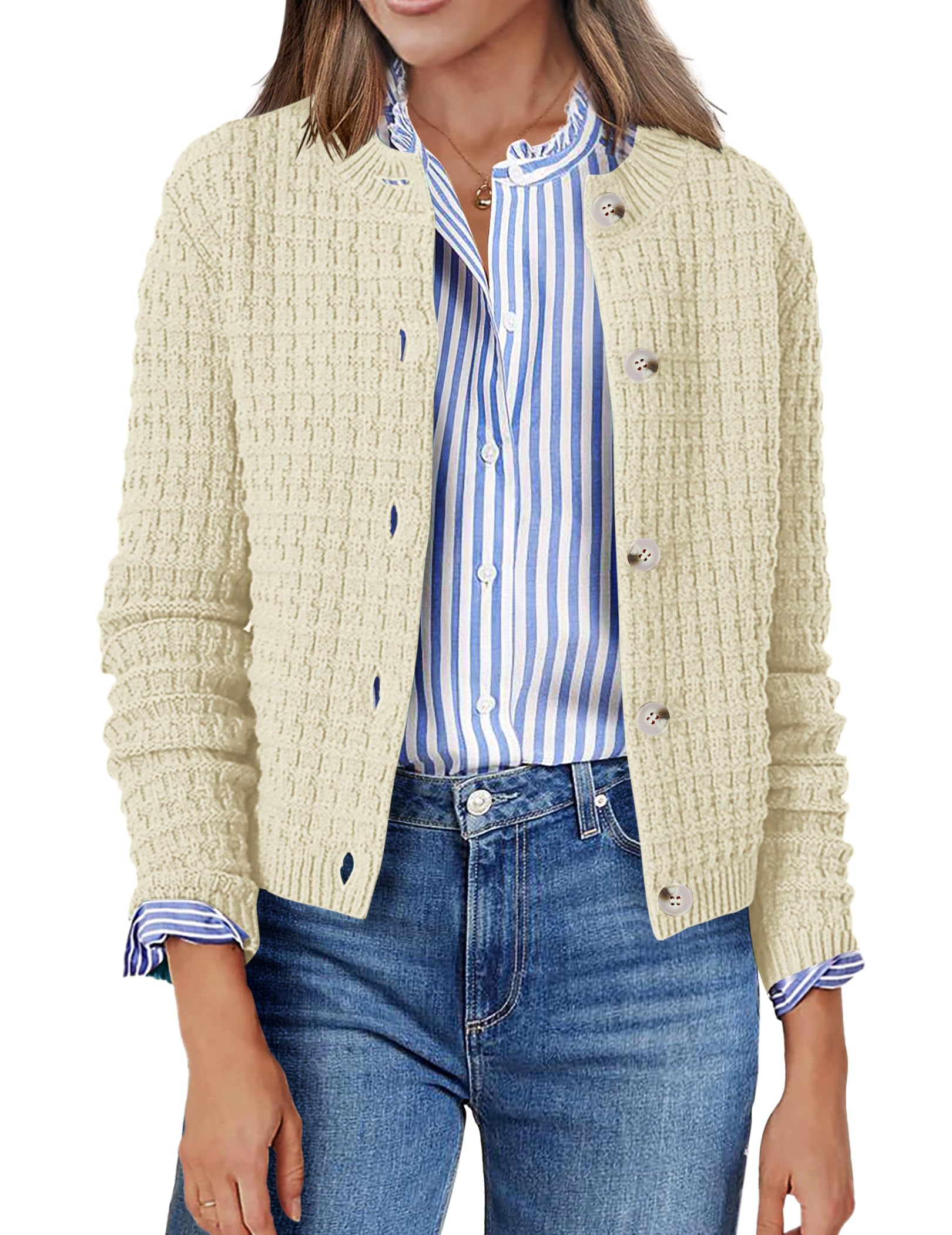 Zeagoo Gebreid vest voor dames, lange mouwen, cardigan, ronde hals, knopen, gebreide jas, open voorkant, gebreide trui, elegante gebreide vesten voor dames, beige, M