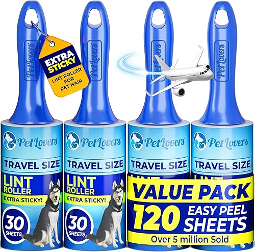 PetLovers Juego de rodillo extra pegajoso para depilación de mascotas y ropa, removedor de pelusa de perros y gatos (azul, paquete de 4 mini)