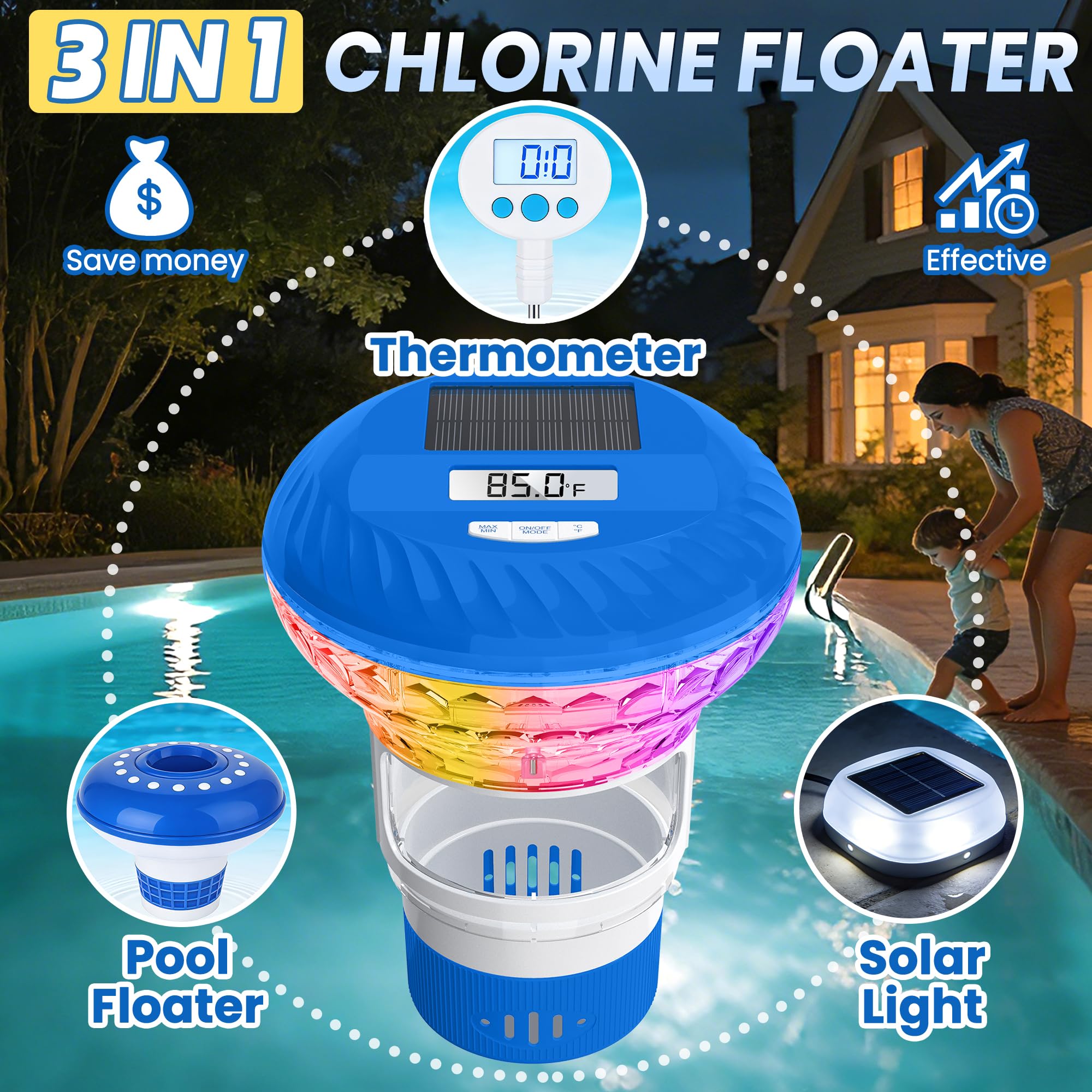 Flotteur de chlore de piscine amélioré avec thermomètre, flotteur de chlore de piscine à écran numérique, flotteur solaire de chlore avec lumière, bouton de contrôle du distributeur de chlore