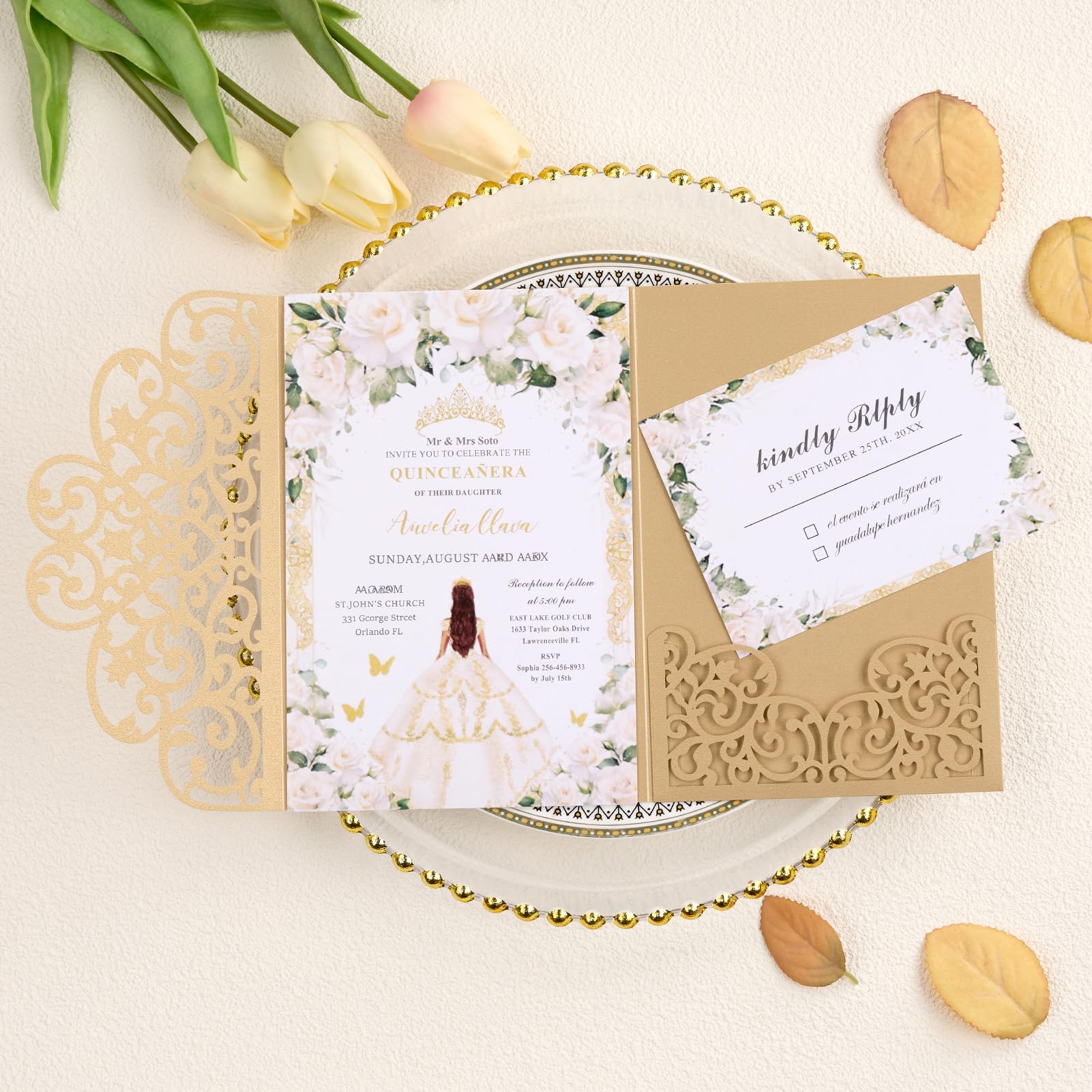Crisjanggo 50Pcs Personalized Wedding Invitations Gold Laser Cut Invitation Kits with Envelopes and RSVP Cards For Wedding Baby Shower Birthday