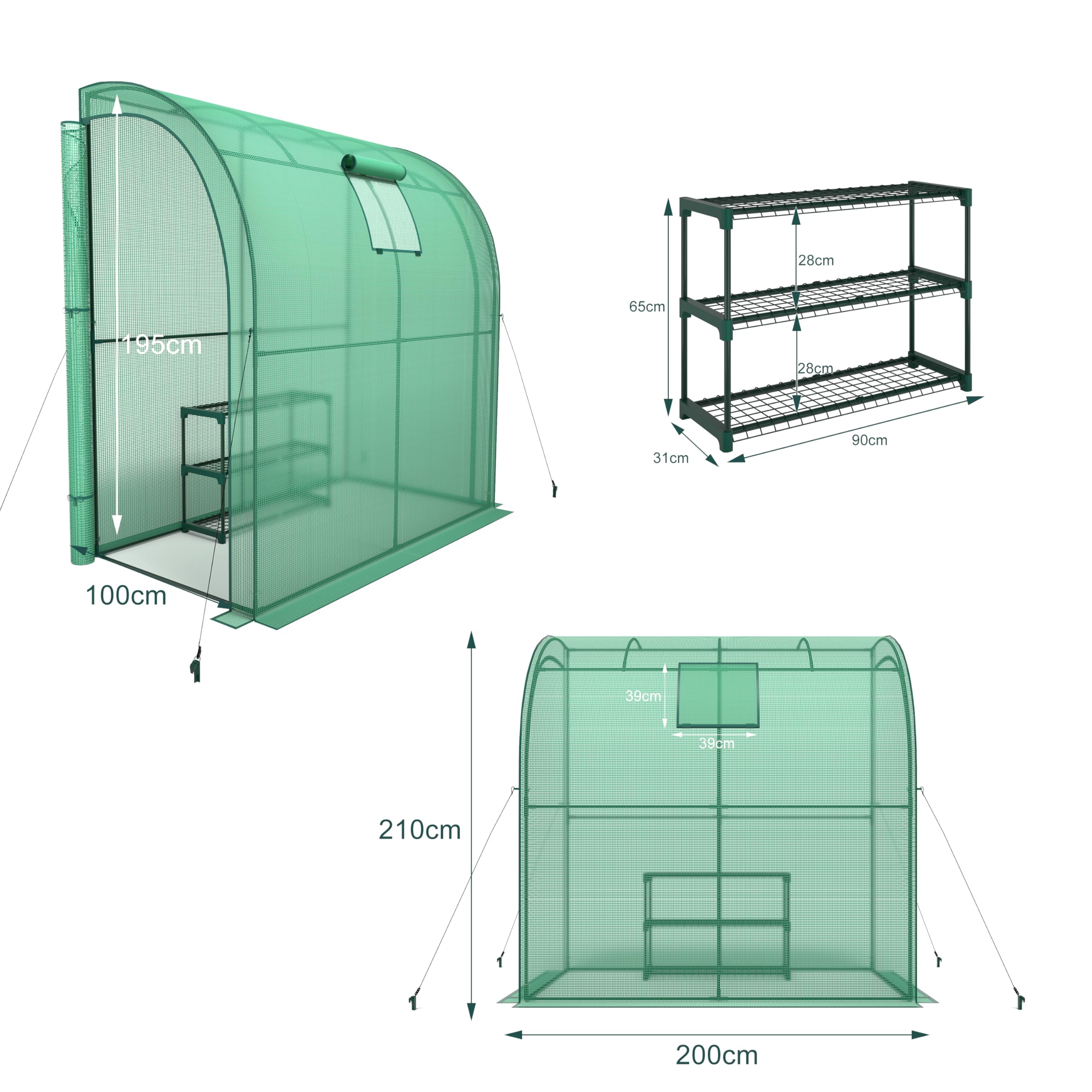 KANWOD Serra a Parete da Giardino con Scaffale, Finestra e 2 Porte Avvolgibili, Invernale, Robusta, Stabile e Facile da Montare, Serra orto per Protezione Piante, Verdure, Fiori 200x100x210 cm, Verde