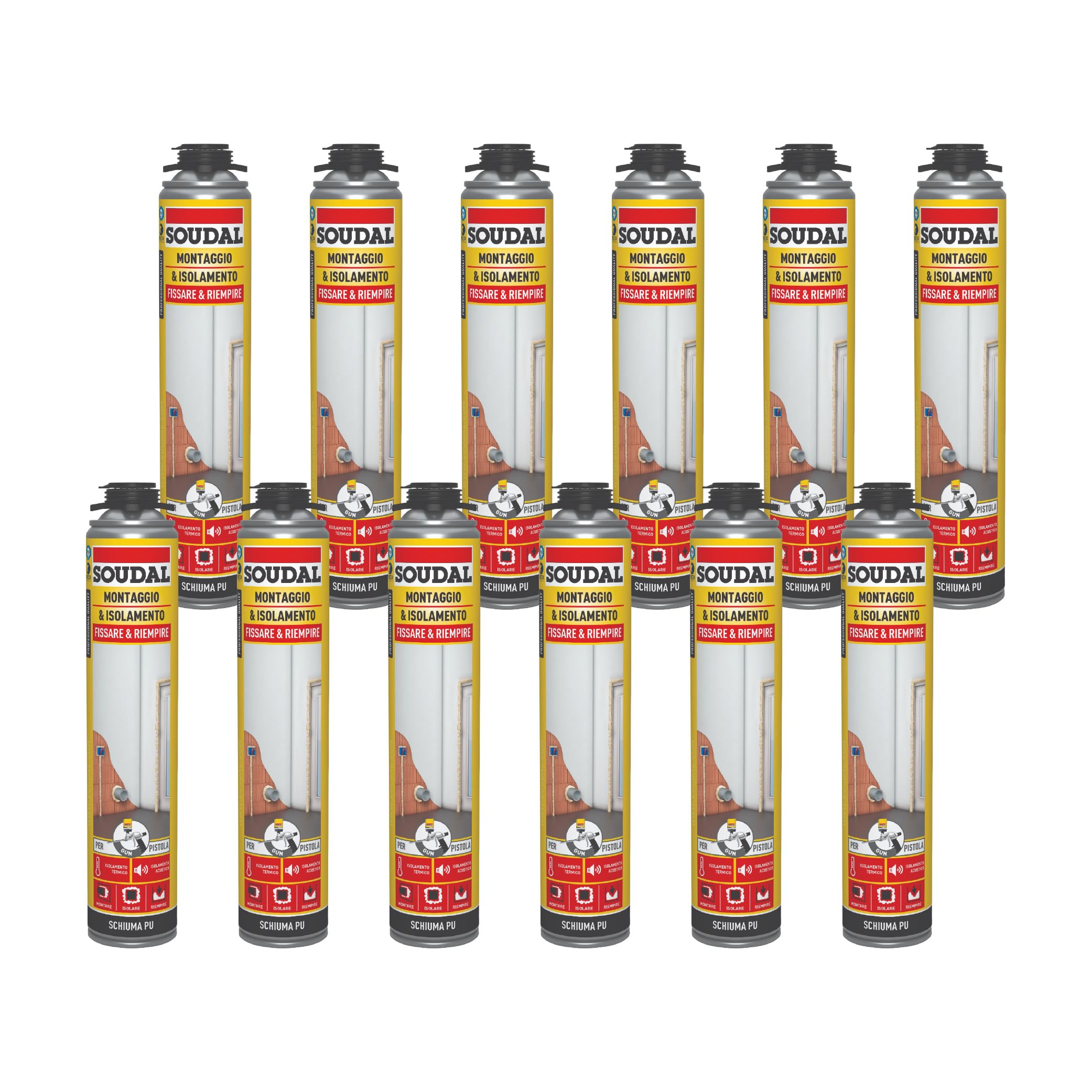 Soudal, Schiuma Montaggio & Isolamento Pistola, 12x750ml, Champagne, Espansione Elevata, Per Riempimento e Fissaggio, Ideale per Isolamento Termico e Acustico