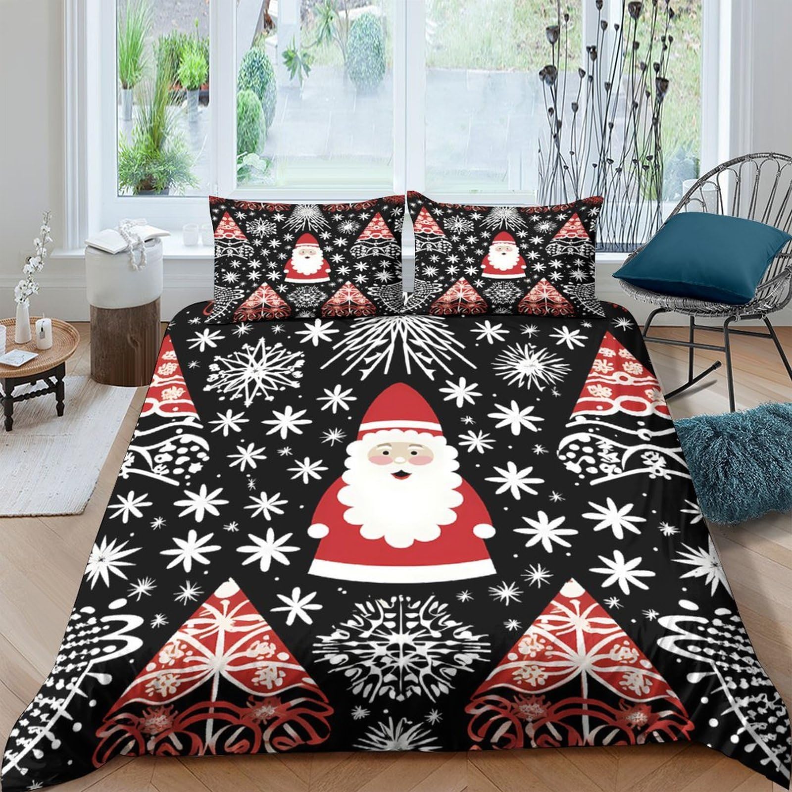 Ctjqhvkz Style-8 3D Printed Santa Snowflake Fitted Sheet Microfiber Red Black Christmas Bed Cover For Bedroom Guest Room Decor Single（135X200cm）