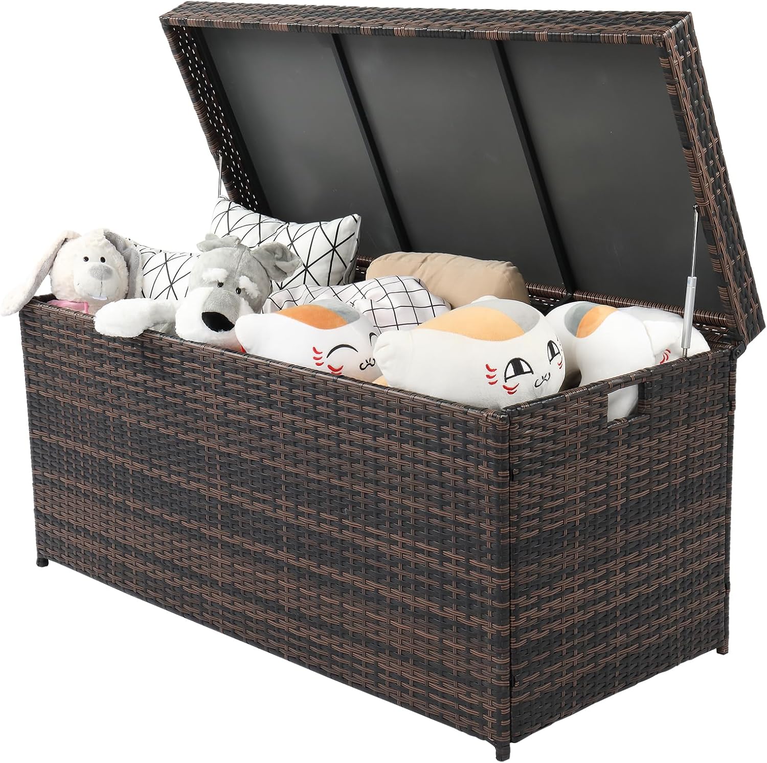 Outdoor Deck Box,Outdoor Wicker Patio Furniture Deck Storage Box,Rattan Pool Storage Box with Lid, Garden Deck Bin Storage Bench Deck Box for Garden, Backyard, Pool (Brown)