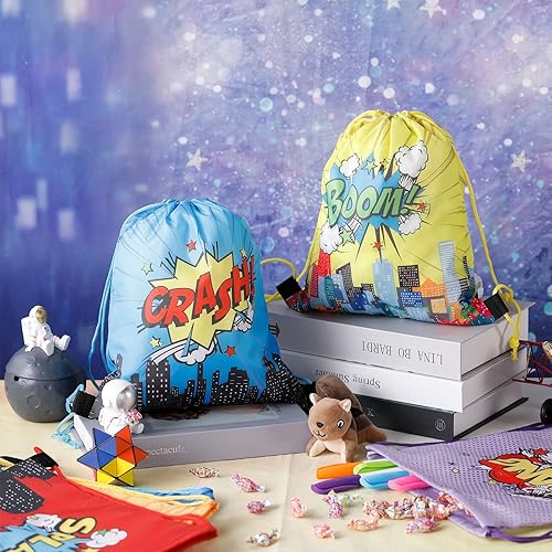 Miniatura 4 de Clabby 12 mochilas con cordón para fiesta de héroes a granel, bolsas de regalo, bolsas de regalo de cómics Boom para fiesta de cumpleaños