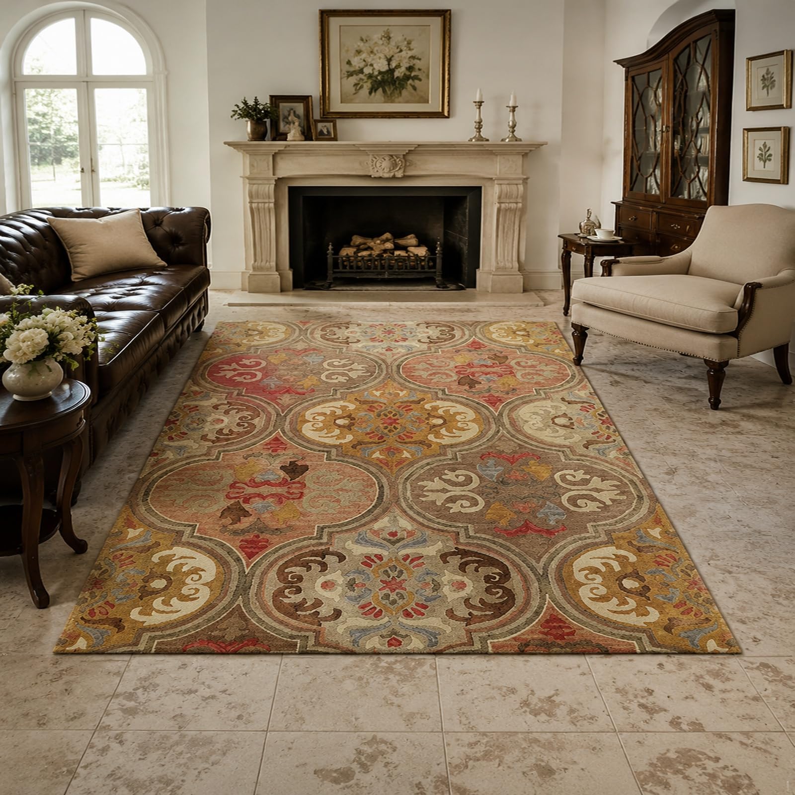 Tapis de chambre géométrique beige et bleu lavable pour un sol chic