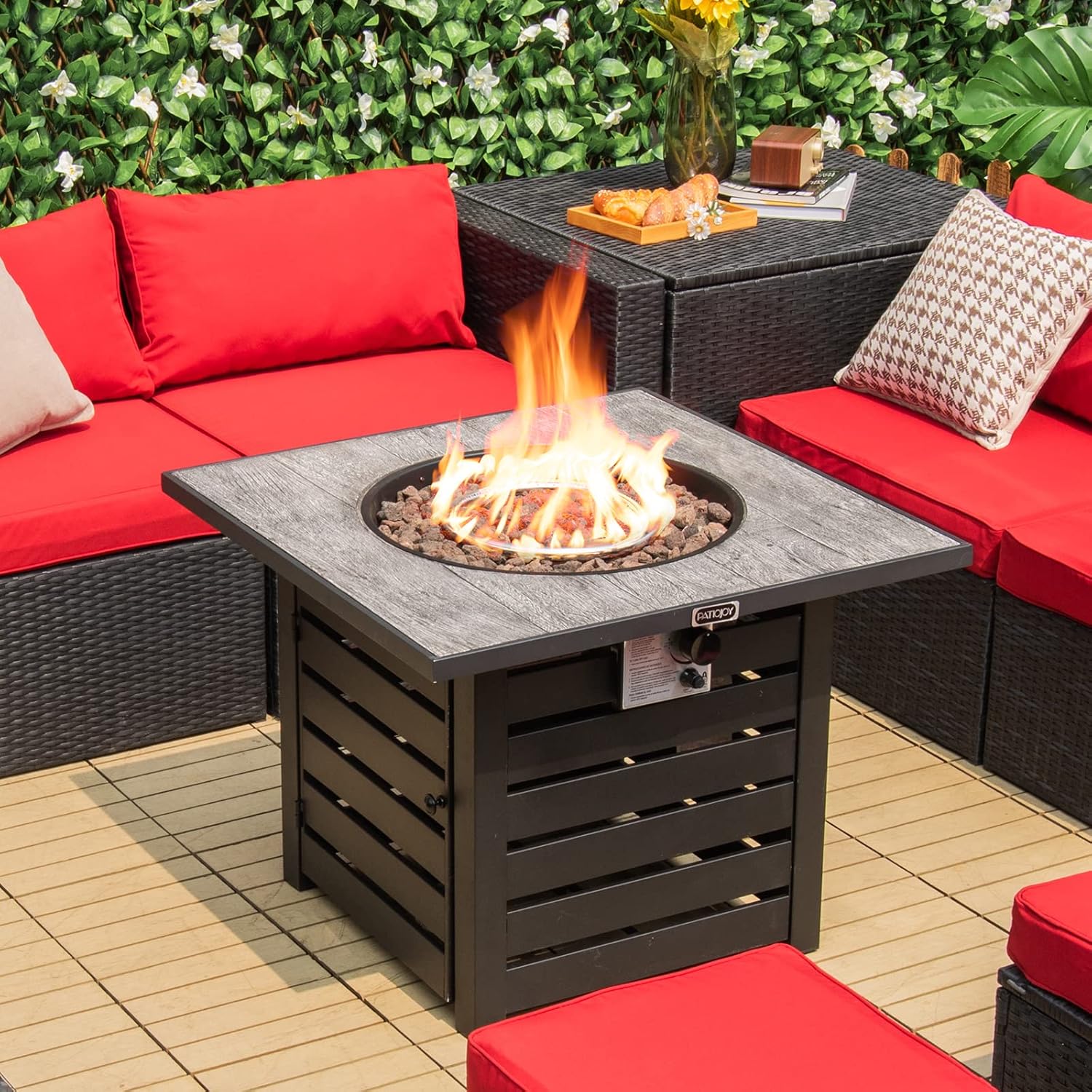 Tangkula 32-Inch Outdoor Propane Fire Pit Table, Patiojoy 50,000 BTU Square Gas Fire Pit with Ore Powder Tabletop, Adjustable Flame, Lava Rocks, PVC Cover for Patio, Poolside, Garden