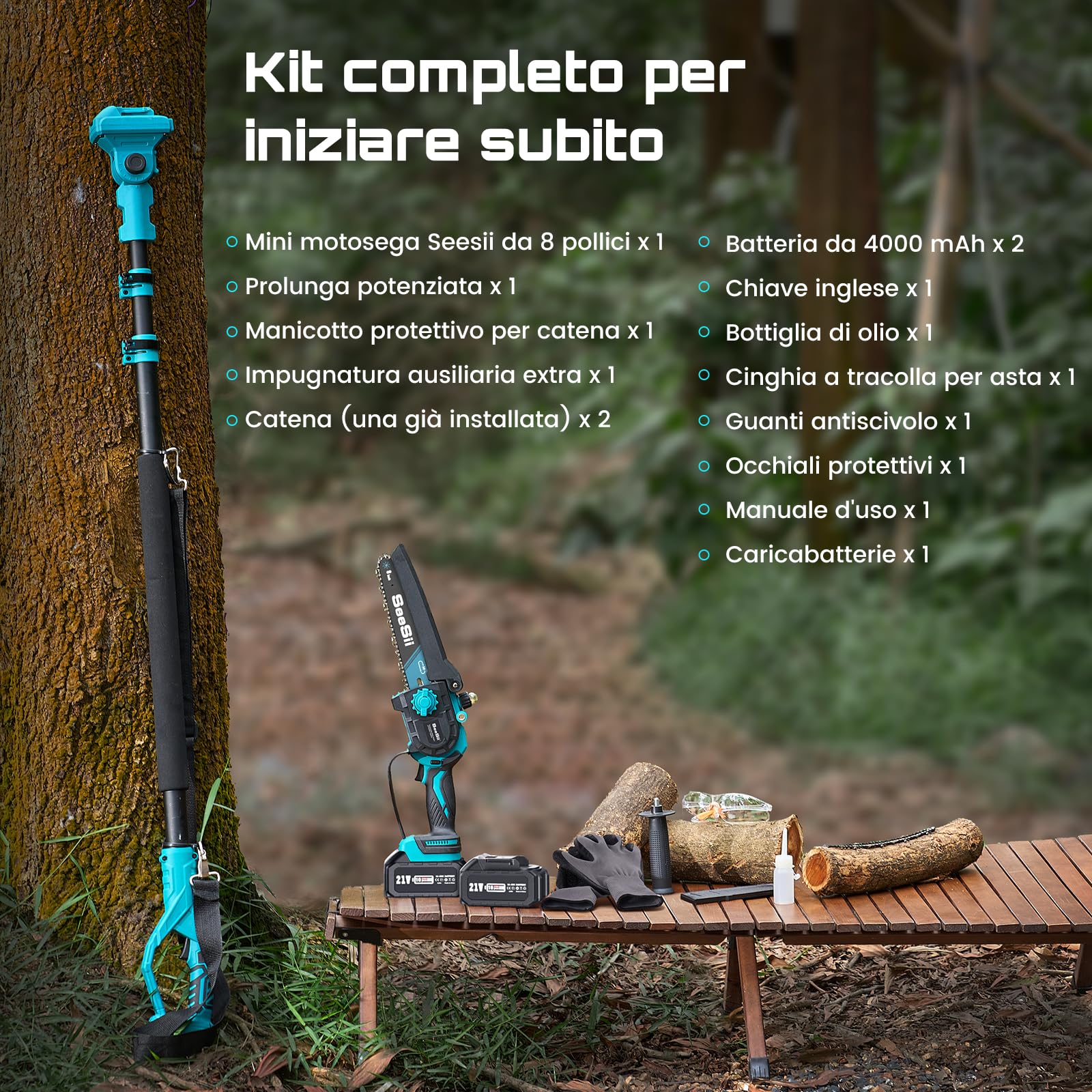 SEESII 2-in-1 Potatura Telescopica, 8 Pollici Mini Motosega Per Alberi | Motosega Telescopica a Batteria, Mini Sega Brushless con Asta Telescopica per Giardinaggio, Raggiunge Fino a 4,87m