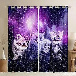 Cortinas de janela para gatos fofas cortinas de janela para gatos de animais de estimação Kawaii com espaço externo, cortinas de janela para quarto, sala de estar para crianças, meninos e meninas, tema de animal 3D, tratamentos de janela de galáxia, 96 x 114 cm, 2 painéis
