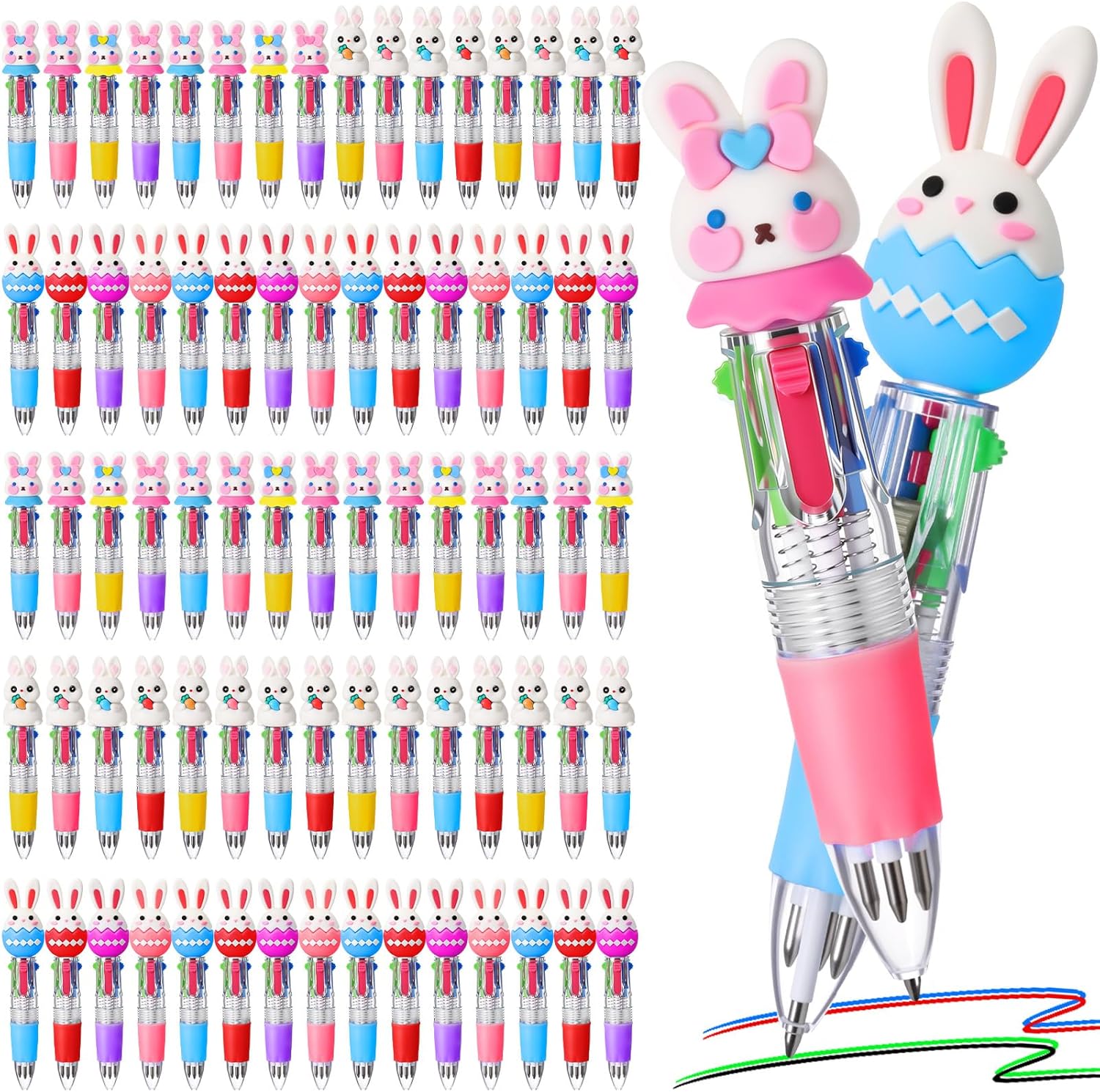 Eaasty 96pcs Mini Multicolor Bunny Party Ballpoint Pen Bulk 4-in-1 Retractable Cartoon Bunny Gnome Eggs Ballpoint Writing Pens for Graduation Gifts School Party Supplies Favors Exchange Gift Rewards