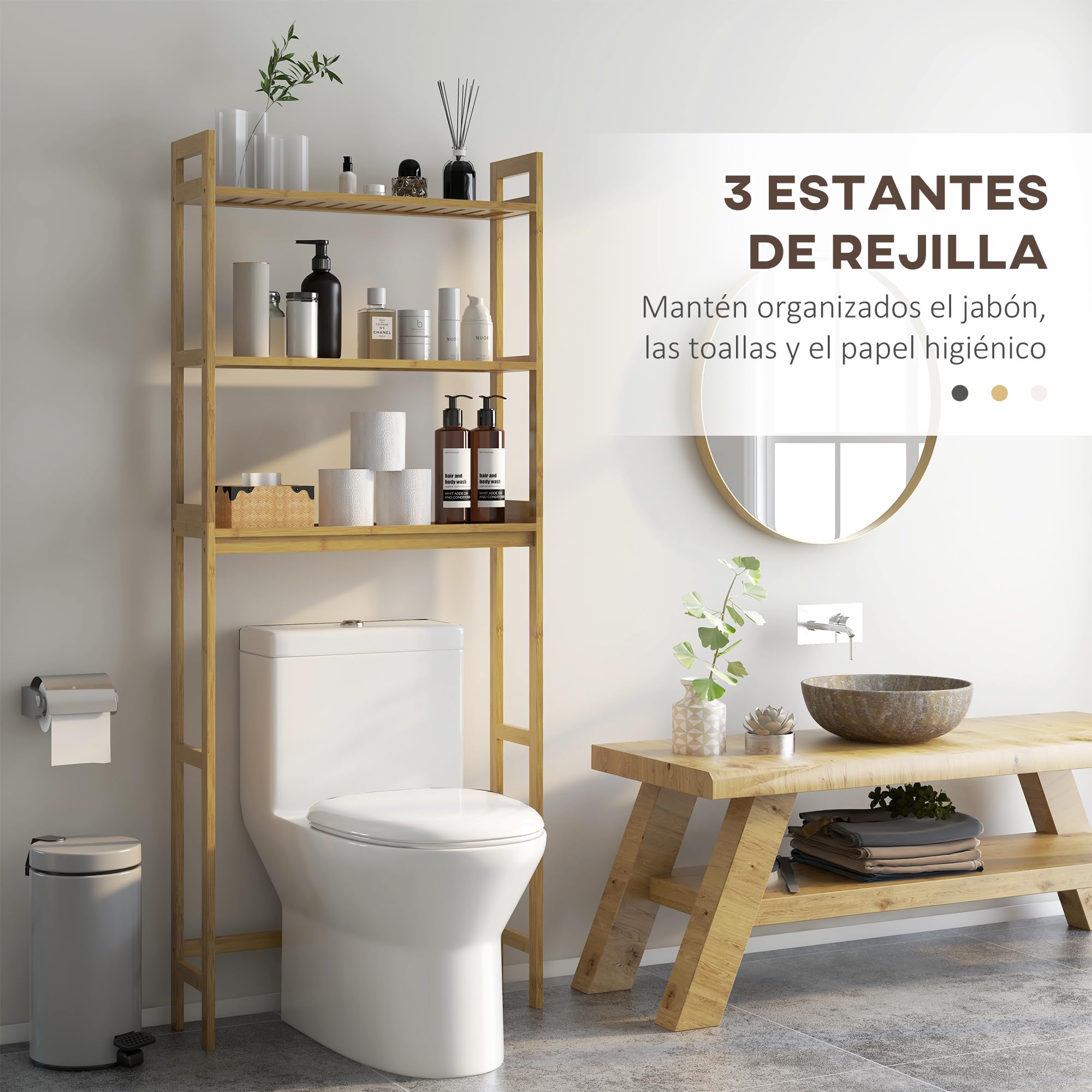 kleankin Estantería sobre Inodoro de Bambú Estantería de Baño con 3 Estantes y Alfombrillas Antideslizantes Antivuelco Estilo Moderno 68x20x165 cm Natural