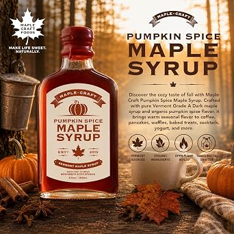 Maple Craft Foods Pumpkin Spice Maple Syrup Organic Vermont Maple Syrup with organic Pumpkin Spice Flavor, Gourmet Flavored Syrup for Pancakes, Coffee, Baking and Desserts, 6.8 oz
