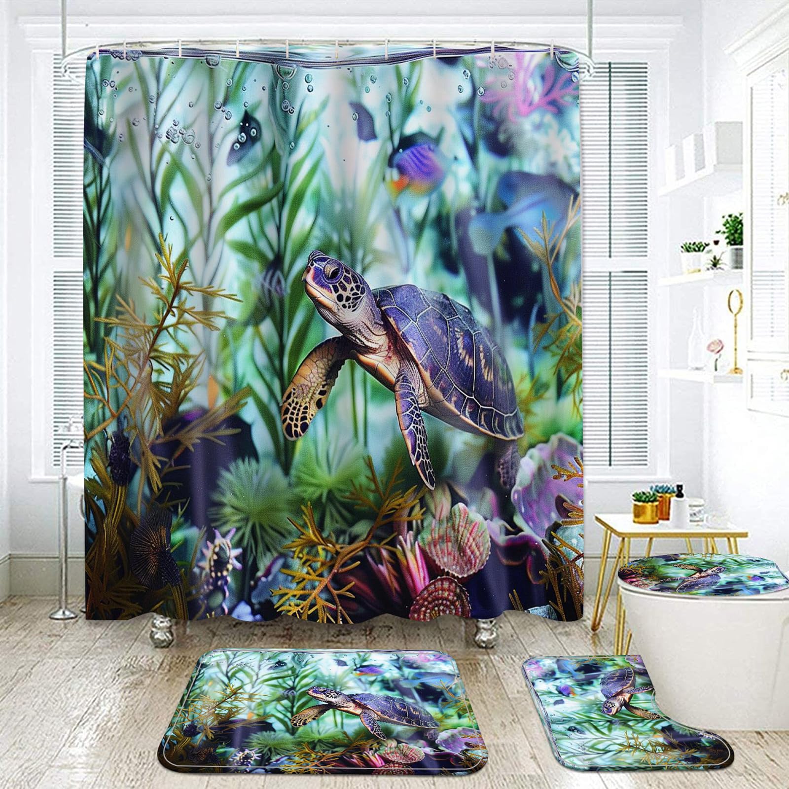 Newsuyaa N3 4 Piece Sea Turtle Shower Curtain Bathroom Set, Teal Underwater Seaweed Seashell Shower Curtain With Bath Rugs Toilet Seat Cover, Marine Animals Teal Ocean Shower Curtains With Hooks (N3)