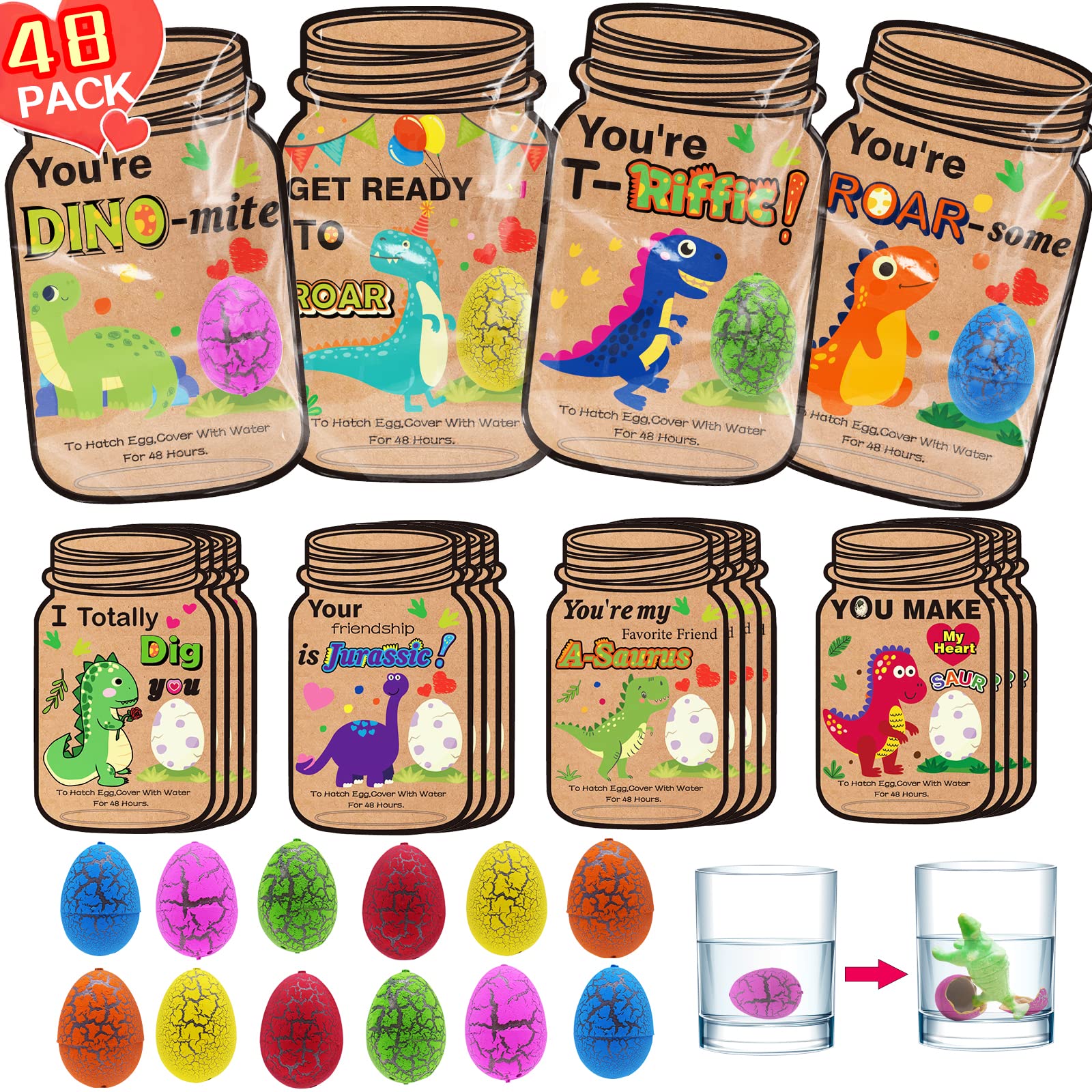 JX Valentines Day Gifts for Kids,48Pack Dinosaur Valentines Hatching Eggs,Dinosaur Birthday Party Supplies,Valentine Crafts for Kids,Class Valentines for Kids Prize or Gift Exchanges