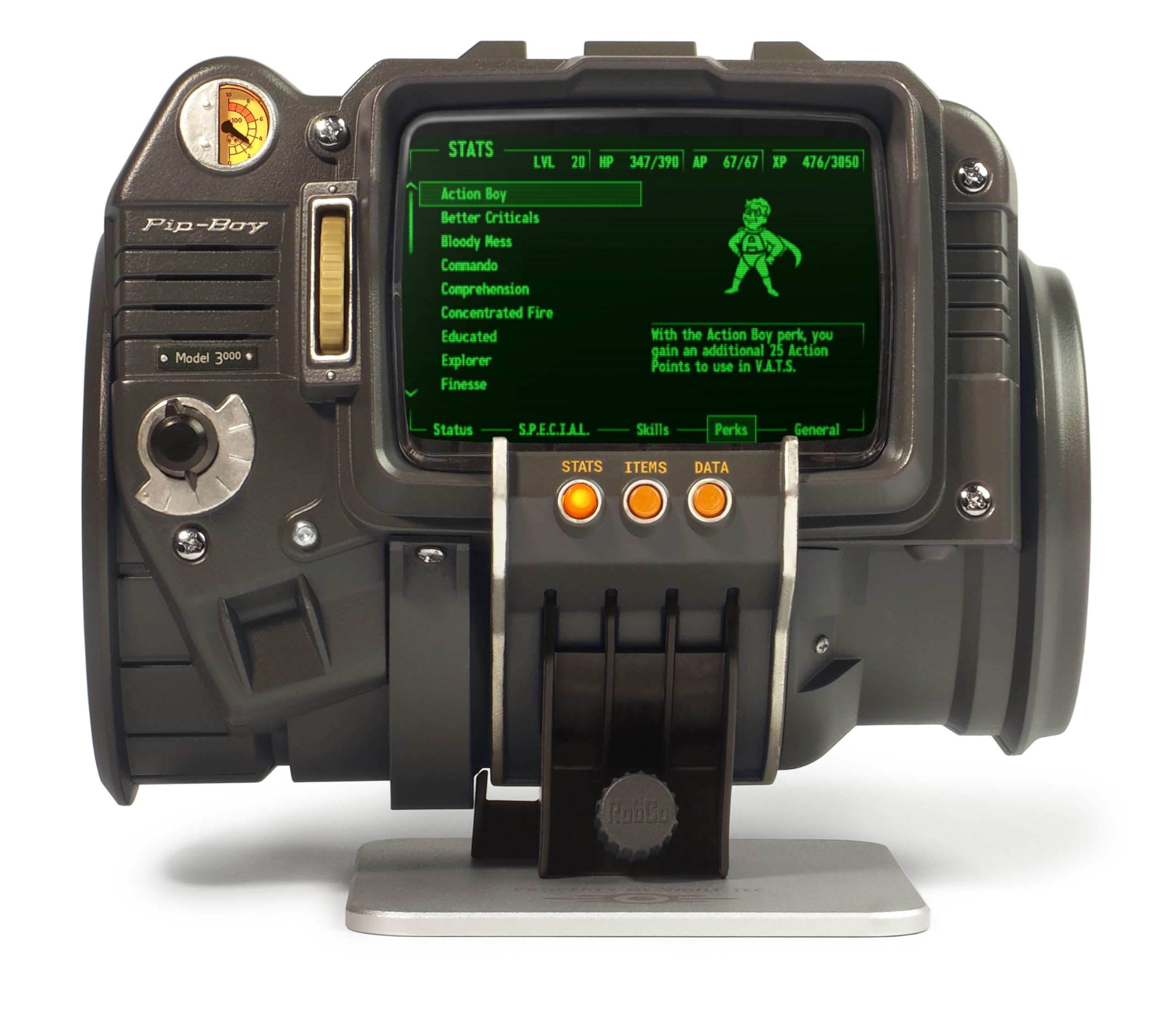 The Wand Company Pip-Boy 3000 Fallout 3 New Vegas - Réplica de radio FM y alarma, pantalla LCD, con puño y soporte de espuma viscoelástica. Licencia oficial de Bethesda.