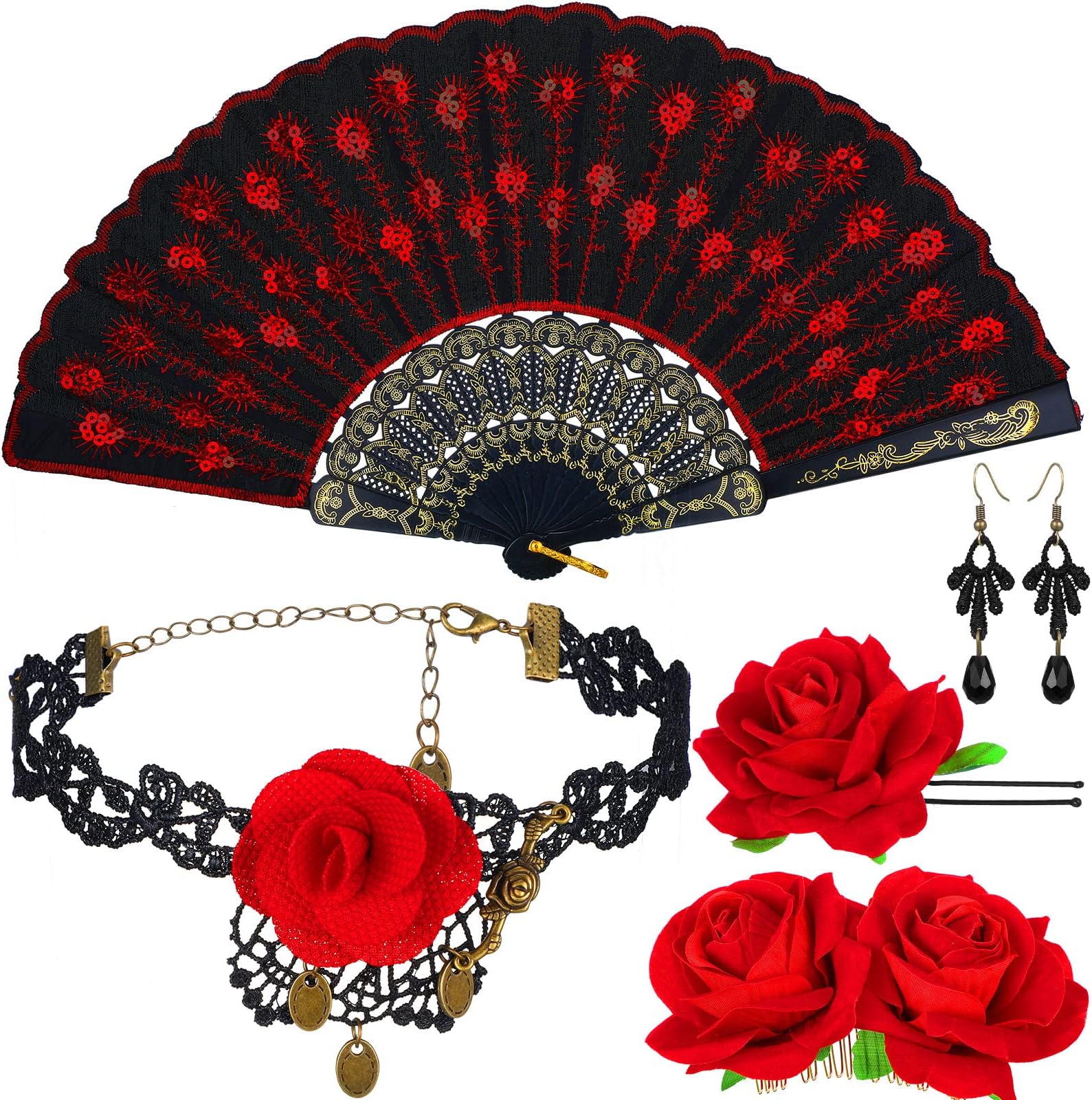 Cunno 5 Pcs Halloween Rose Flower Flamenco Accessories Including Embroidered Sequins Fabric Folding Fan, Rose Flower Hair Clip, Choker and Lace Earrings for Flamenco Dancer Women Costume Party, Cloth,