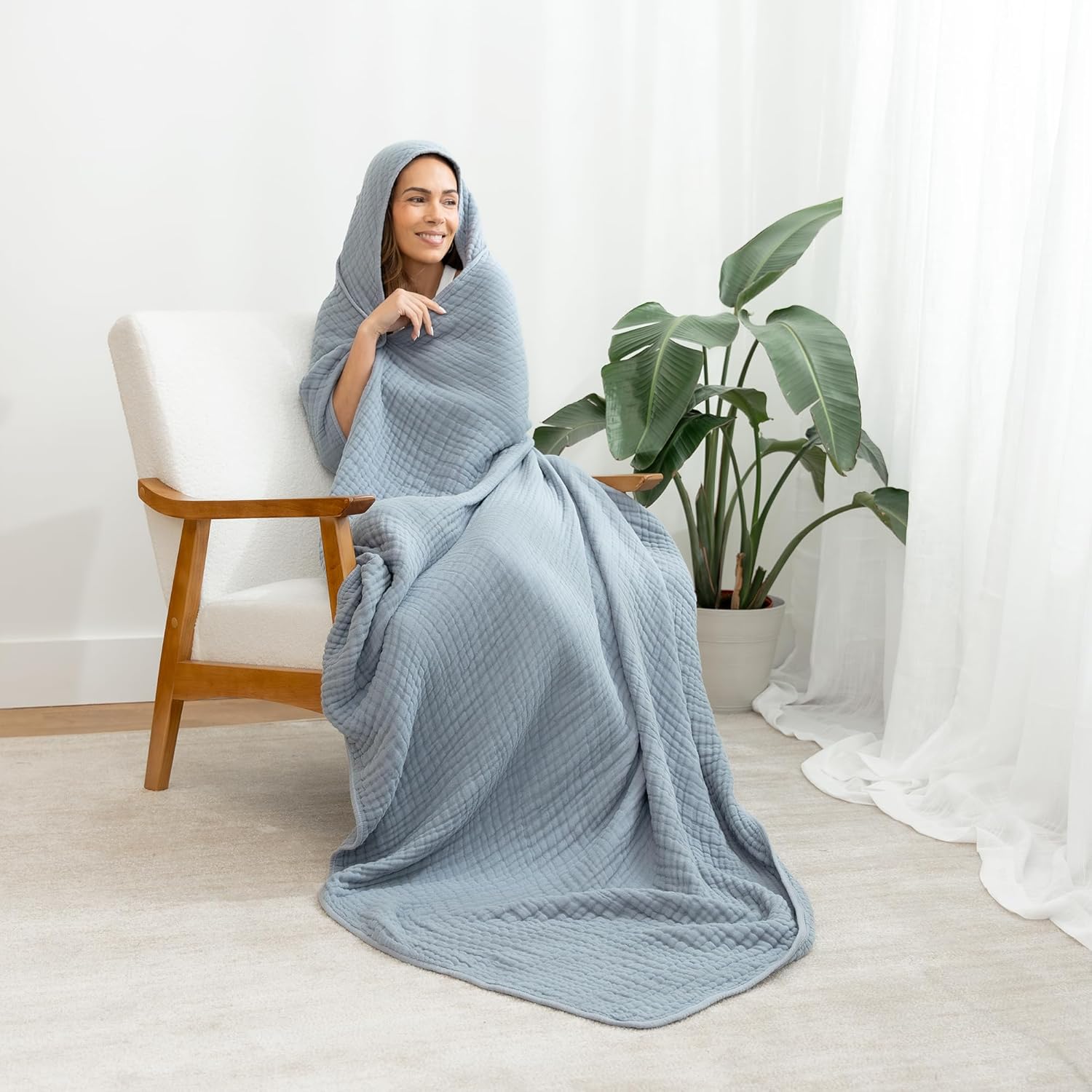 Comfy Cubs Adult Hooded Towel - Large 58'' x 58'', Soft, Absorbent, and Stylish Dual-Function Muslin Towel Hoodie for Bath, Relaxation, and Everyday Use - Pacific Blue