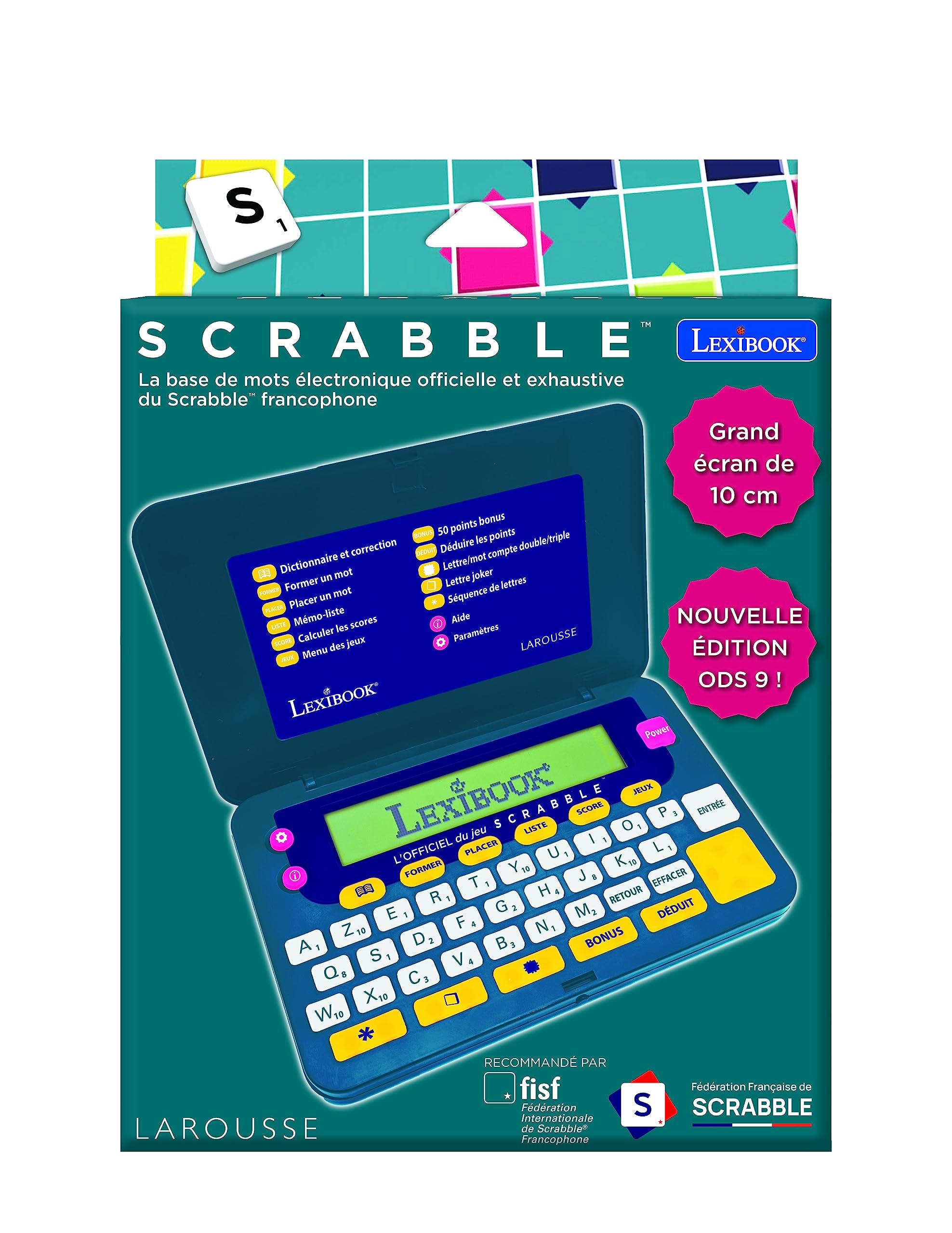 Lexibook Larousse FISF offizielles elektronisches Wörterbuch Scrabble ODS9, ergonomisches Format, große Tasten, Rechtschreibkorrektur, batteriebetrieben, grün/blau