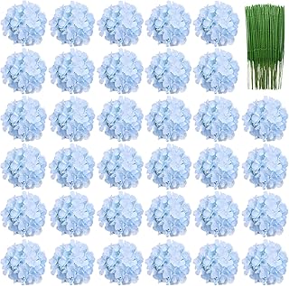 FagusHome 34 Pcs Silk Hydrangea Heads Artificial Flowers Heads and Stems Fake Hydrangea Flowers in Blue for Home Wedding Decor