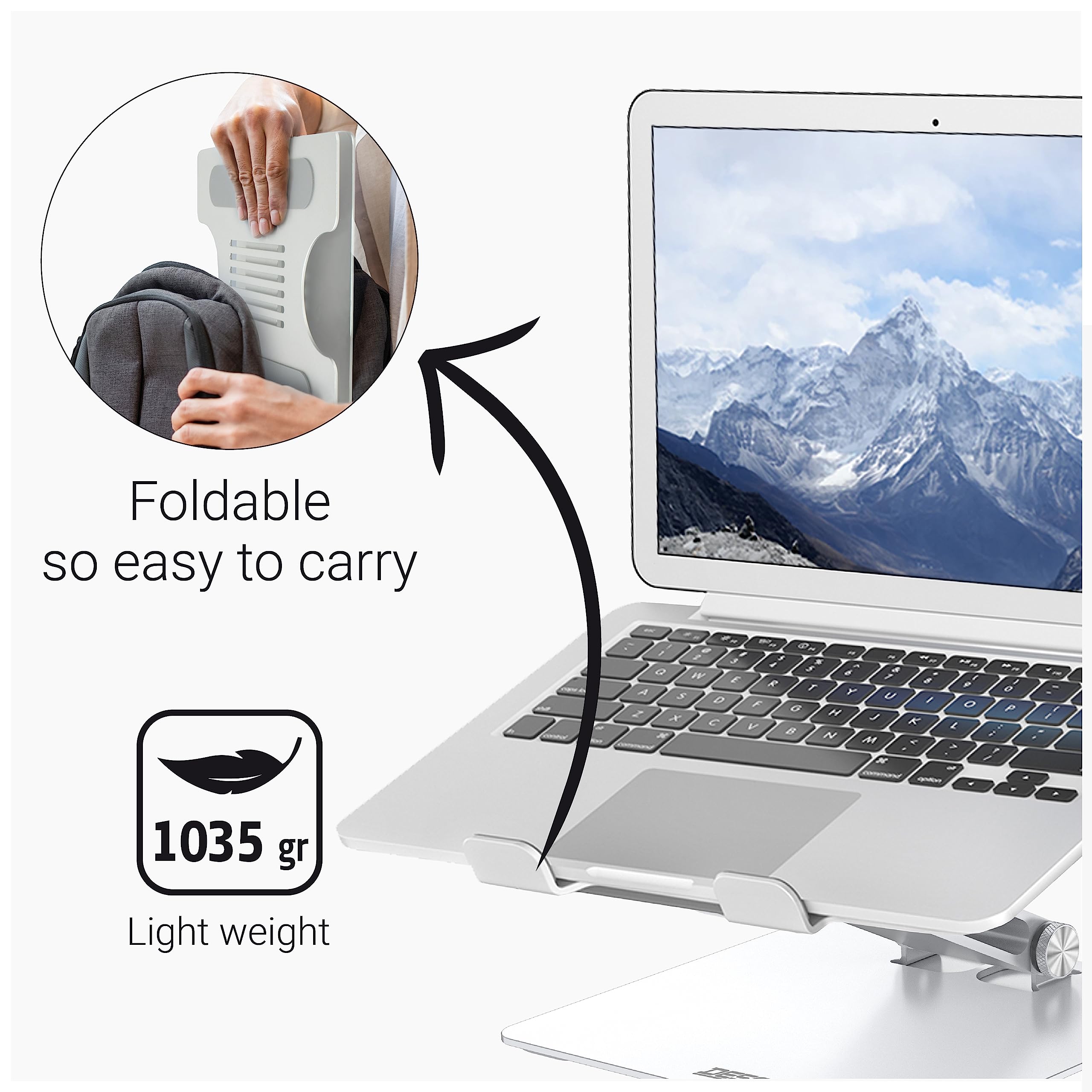 DESQ Supporto per computer portatile, in alluminio, completamente regolabile, piatto, pieghevole, leggero (1035 grammi), ergonomico, per tutti i computer portatili/laptop da 10 a 15,6 pollici