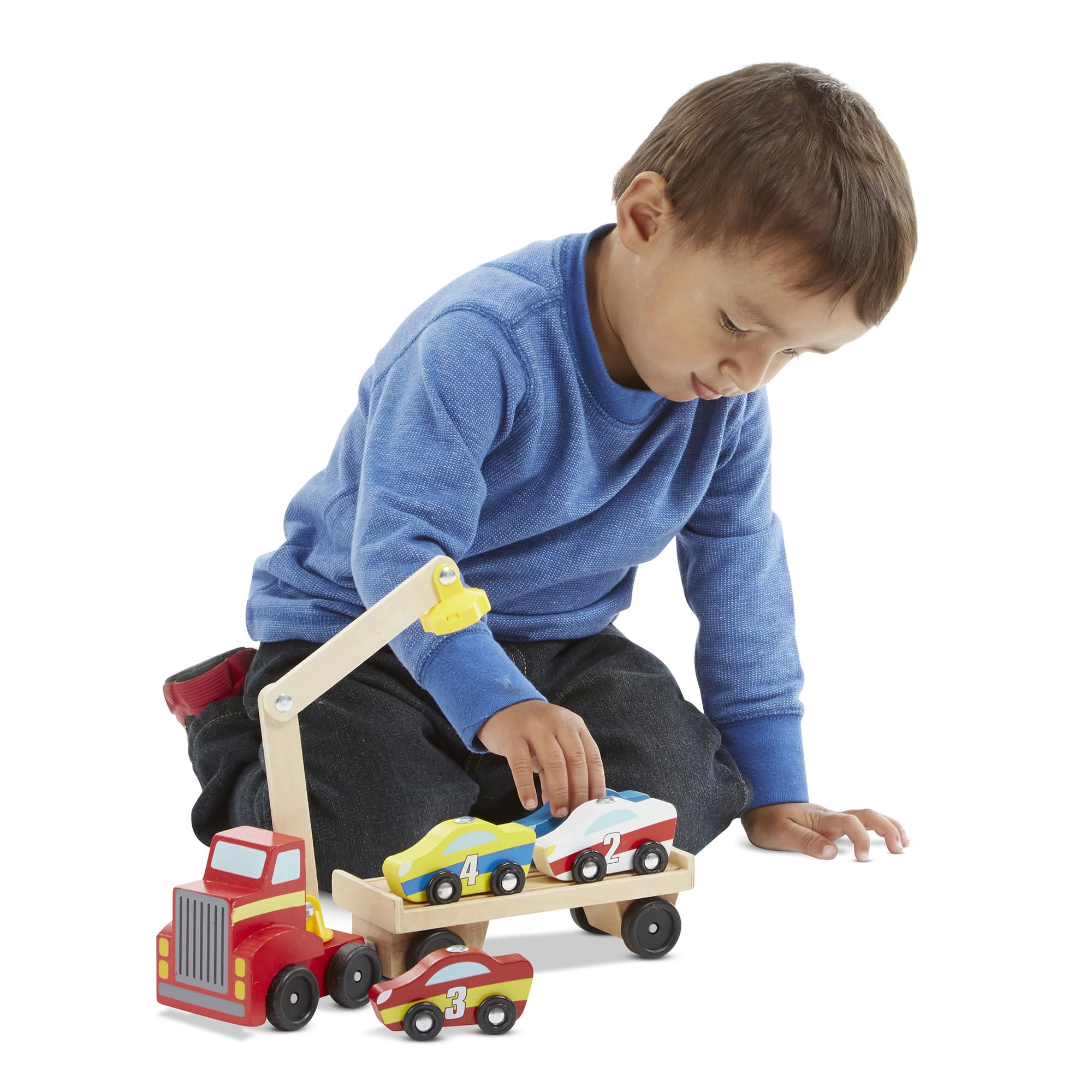 MELISSA & DOUG - Set Camión Grúa Magnético de Madera y 4 Coches de Juguete - Juguetes Educativos - Juguetes Niños 3 años + - Regalo Niño 3 años + - Montessori