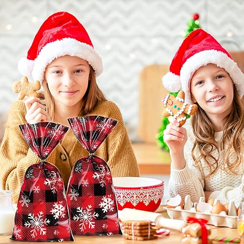 Miniatura 5 de Whaline 160 bolsas de celofán de Navidad, diseño de búfalo rojo y negro, bolsas de regalo de plástico con lazos giratorios para suministros de