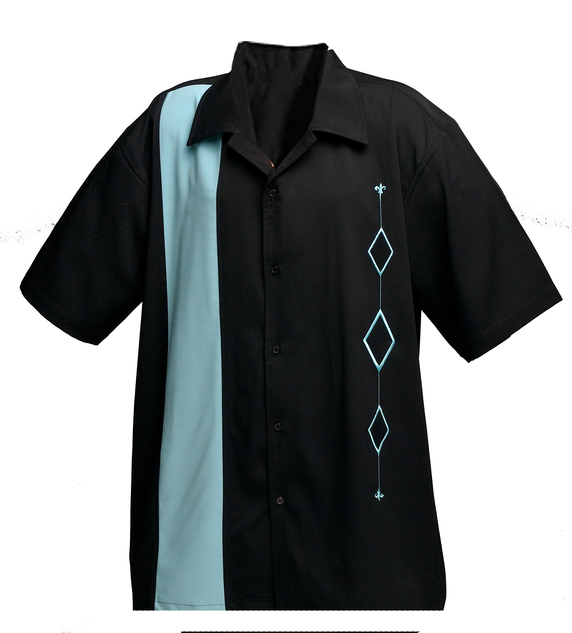 Designs by Attila Mens Retro Bowling Shirt, Big & Tall Sizes. Aqua and Black