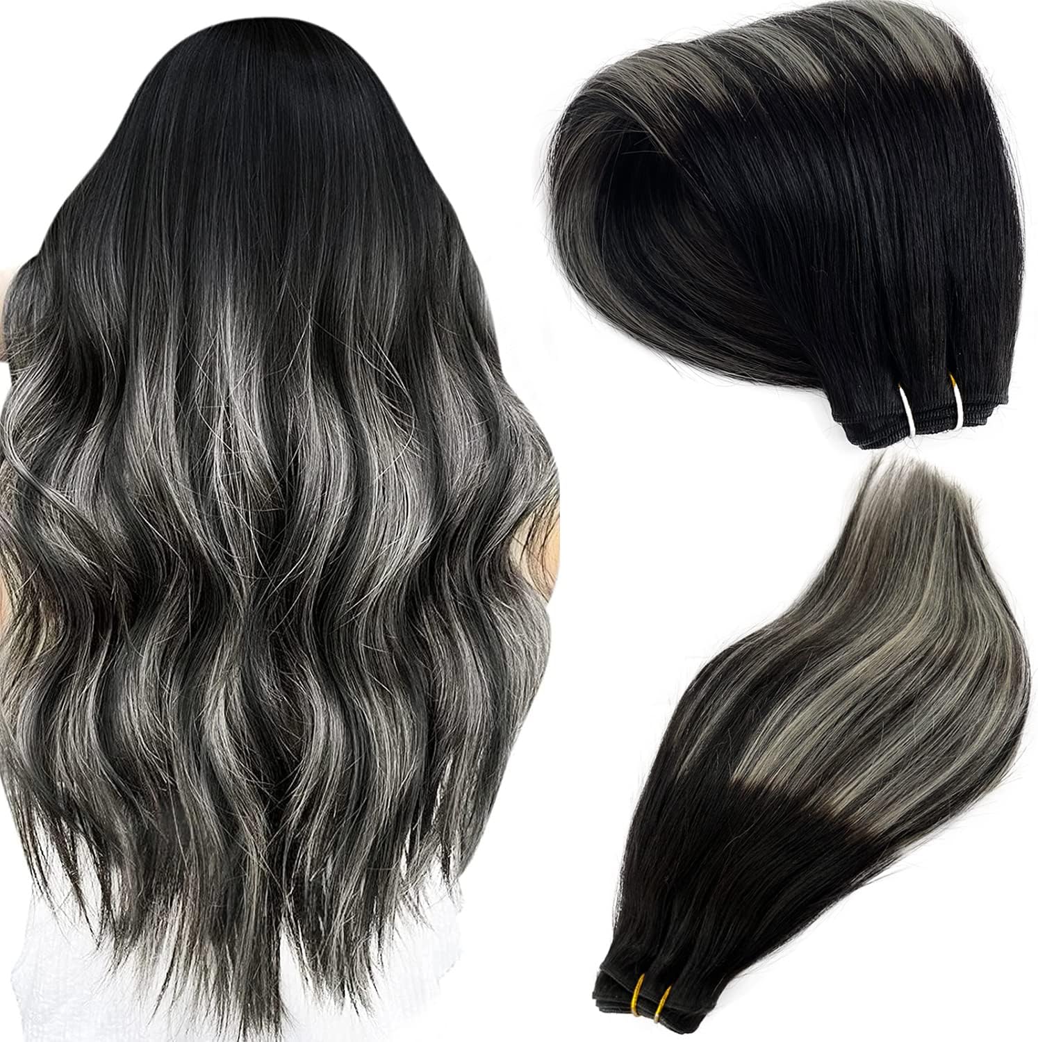 Weft Hair Extensions Hand Tied Sew in Hair Balayage Black to Silver 24 Inch 120g Sew in Hair Extensions Double Weft Real Human Hair Bundles Silky Straight Hair Pieces Silver Highlight for Women