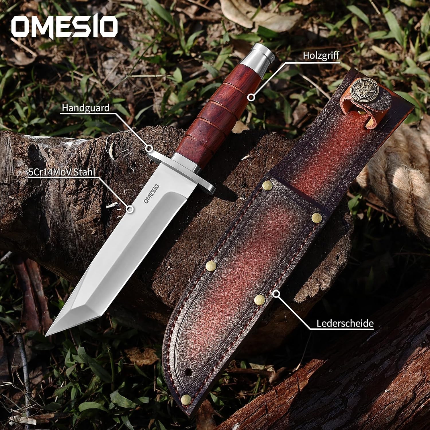 Omesio Coltello Da Caccia, Lama In Acciaio Inossidabile 5cr14mov Da 15,5 Cm, Manico in Legno E Fodero in Pelle. Coltello Da Sopravvivenza Adatto al Campeggio E Alla Sopravvivenza Nella Giungla