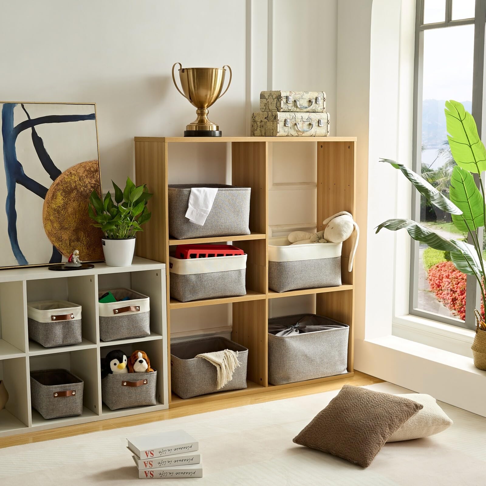 Mangata - Cajas de almacenamiento jumbo de tela, [paquete de 4] cesta de almacenamiento plegable acolchada con asas para estanterías de ropa (XXL, gris/blanco)