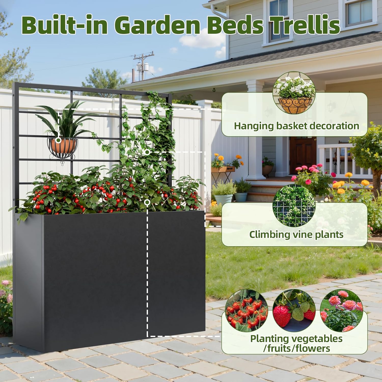 Metal Planter Box with Trellis, 35" Lx11.8 Wx47 H Metal Raised Garden Bed with Trellis and Drainage Holes, Outdoor Standing Flower Bed for Climbing Plants,Vegetables,Vines, 2PCS
