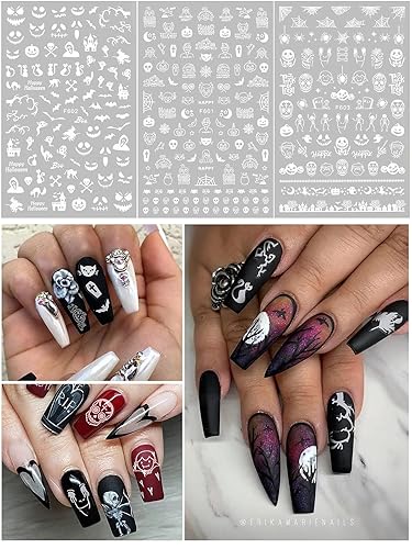 Miniatura 6 de 15 hojas de calcomanías de arte de uñas de Halloween, calcomanías de EBANKU 3D autoadhesivas con láser de calabaza, bruja y esqueleto, calcomanías