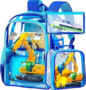 16" Clear Backpack for Boys, 3Pcs Kids Transparent Bookbag with Race Cars Lunch Box, Heavy Duty See Through PVC School Bag Blue