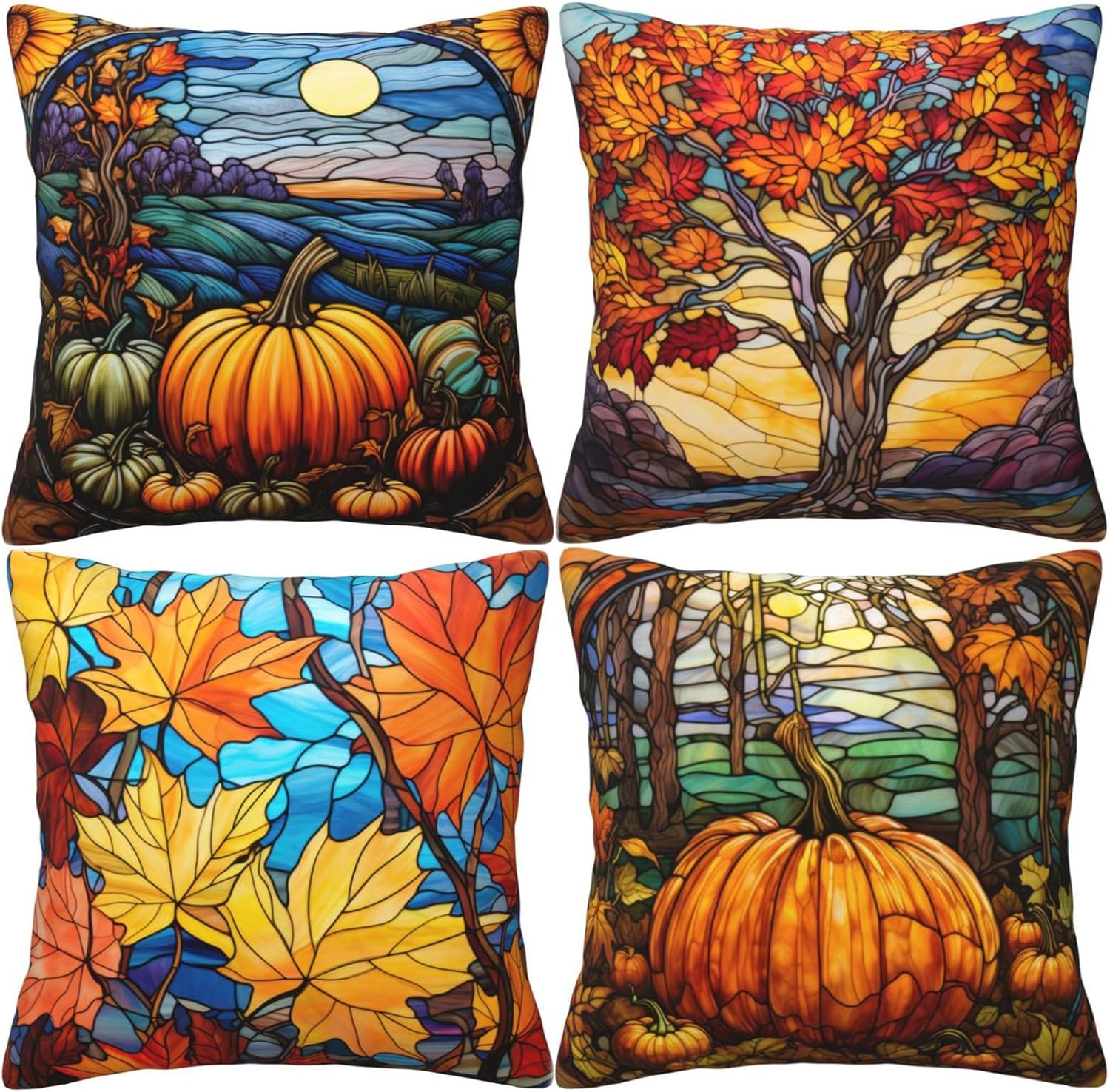 HOSTECCO Fall Pumpkin Throw Pillow Covers 20x20 inch Set of 4 Autumn Orange Pillow Cases Stained Glass Painting Maple Leaves Decorative Cushion Covers for Sofa