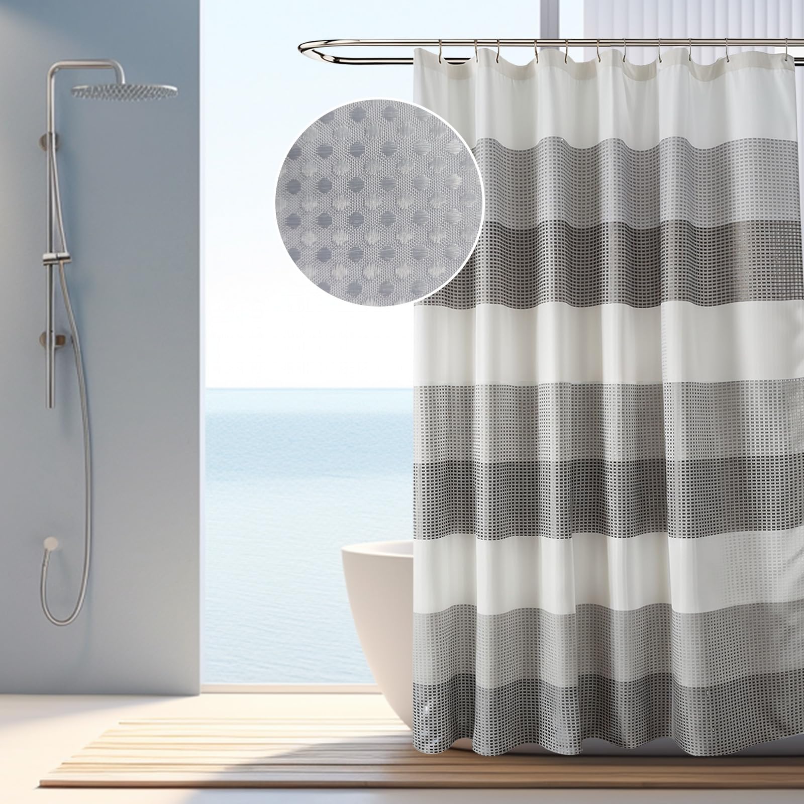 Cortina de ducha con diseño a rayas grises, tela para bañera, tela resistente, lavable, decoración de baño con 12 ganchos, 180 x 180 cm