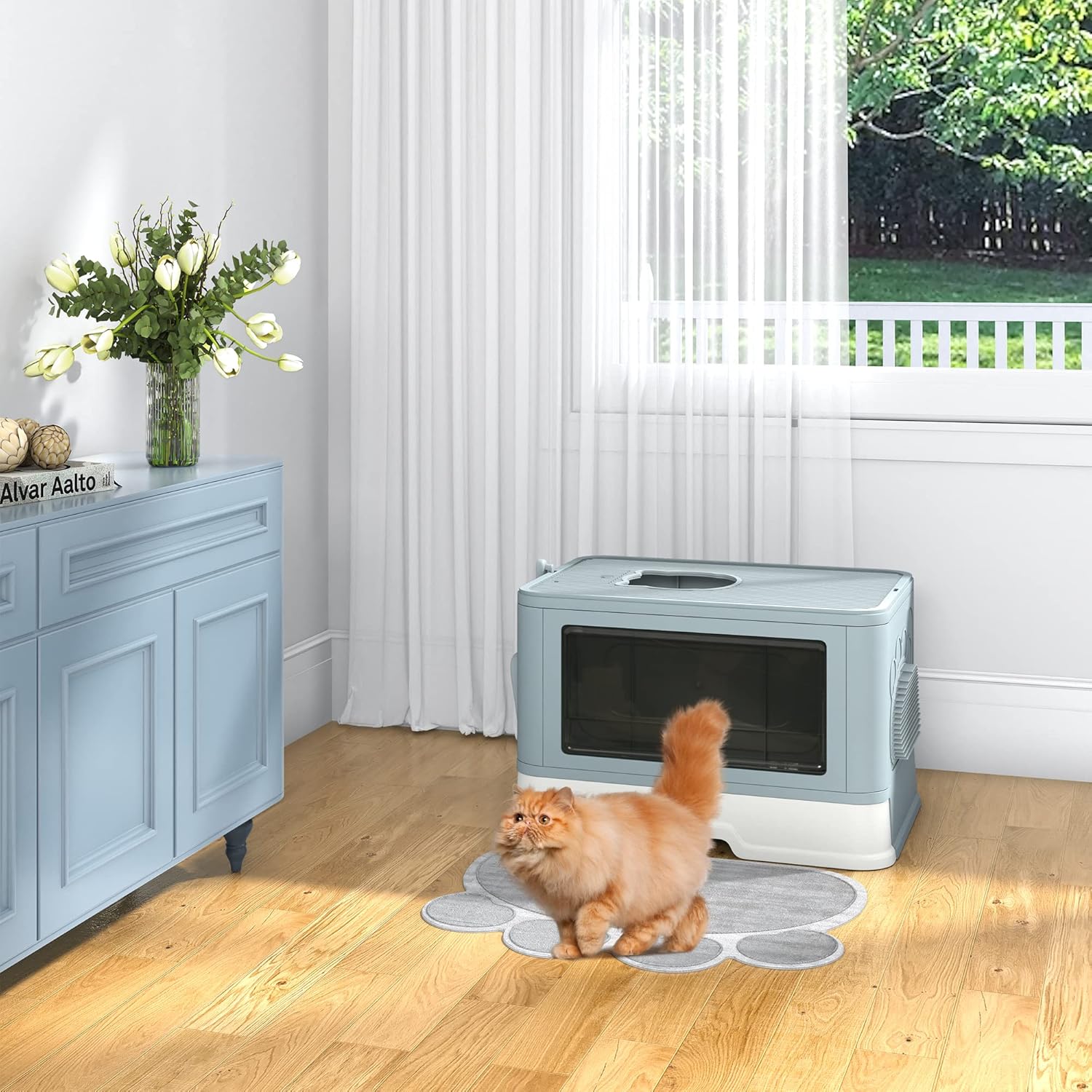 YITAHOME Large Enclosed Cat Litter Box with Lid Cover, Hooded Odorless Cat Toilet with Litter Scoop Cat Self Groomer Deodorizer Filter Front Entry Top Exit Door, Easy to Install and Clean (Blue) Square 2-Door Blue